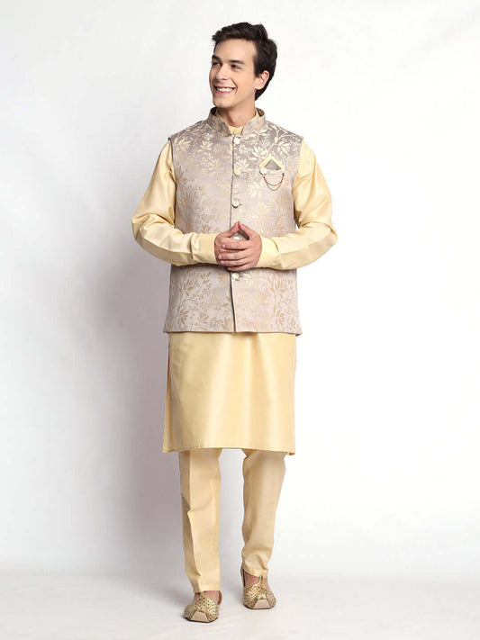 Fawn kurta with grey nehru jacket for men which is made up of satin and has floral embroidery on it. Shop this fawn designer wedding kurta jacket set for male from Crease India website.