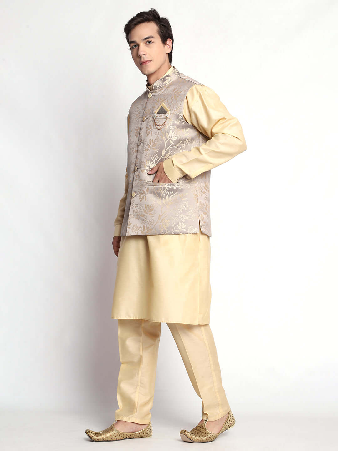 Fawn kurta with grey nehru jacket for men which is made up of satin and has floral embroidery on it. Shop this fawn designer wedding kurta jacket set for male from Crease India website.