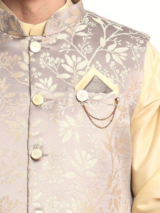 Fawn kurta with grey nehru jacket for men which is made up of satin and has floral embroidery on it. Shop this fawn designer wedding kurta jacket set for male from Crease India website.