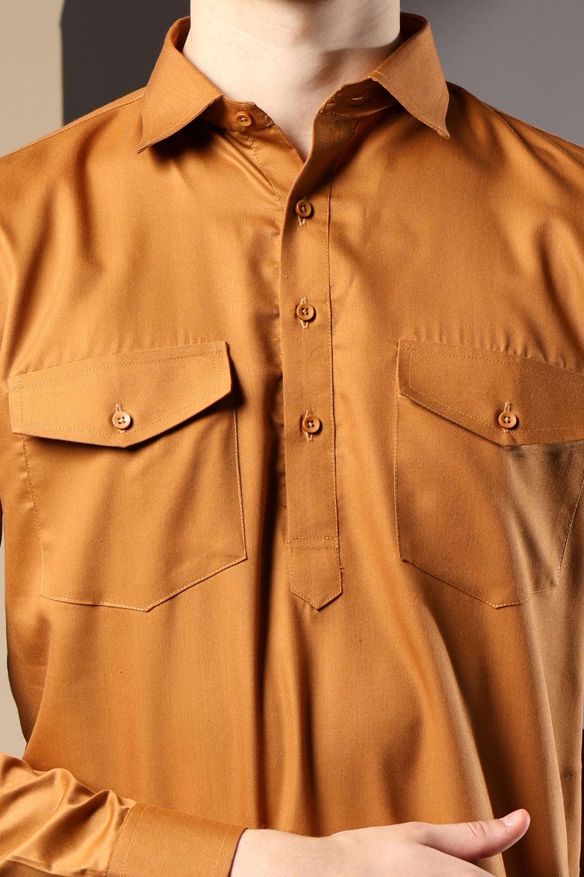 Golden Pathani Kurta for Men by Crease India – perfect men's pathani kurta for eid, friday prayers, dinner parties & even dailywear. Buy stylish men's golden pathani kurta online.