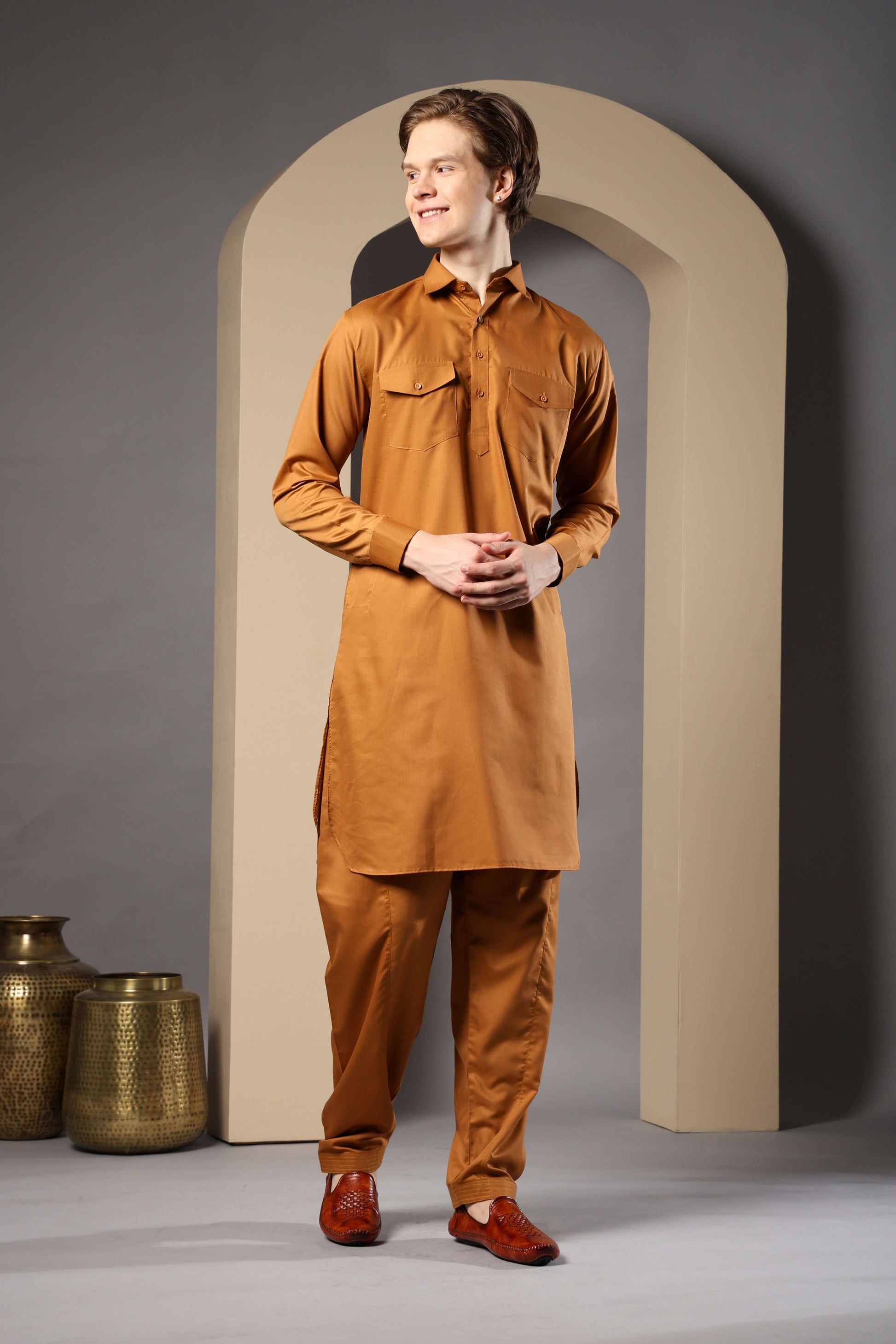 Golden Pathani Kurta for Men by Crease India – perfect men's pathani kurta for eid, friday prayers, dinner parties & even dailywear. Buy stylish men's golden pathani kurta online.