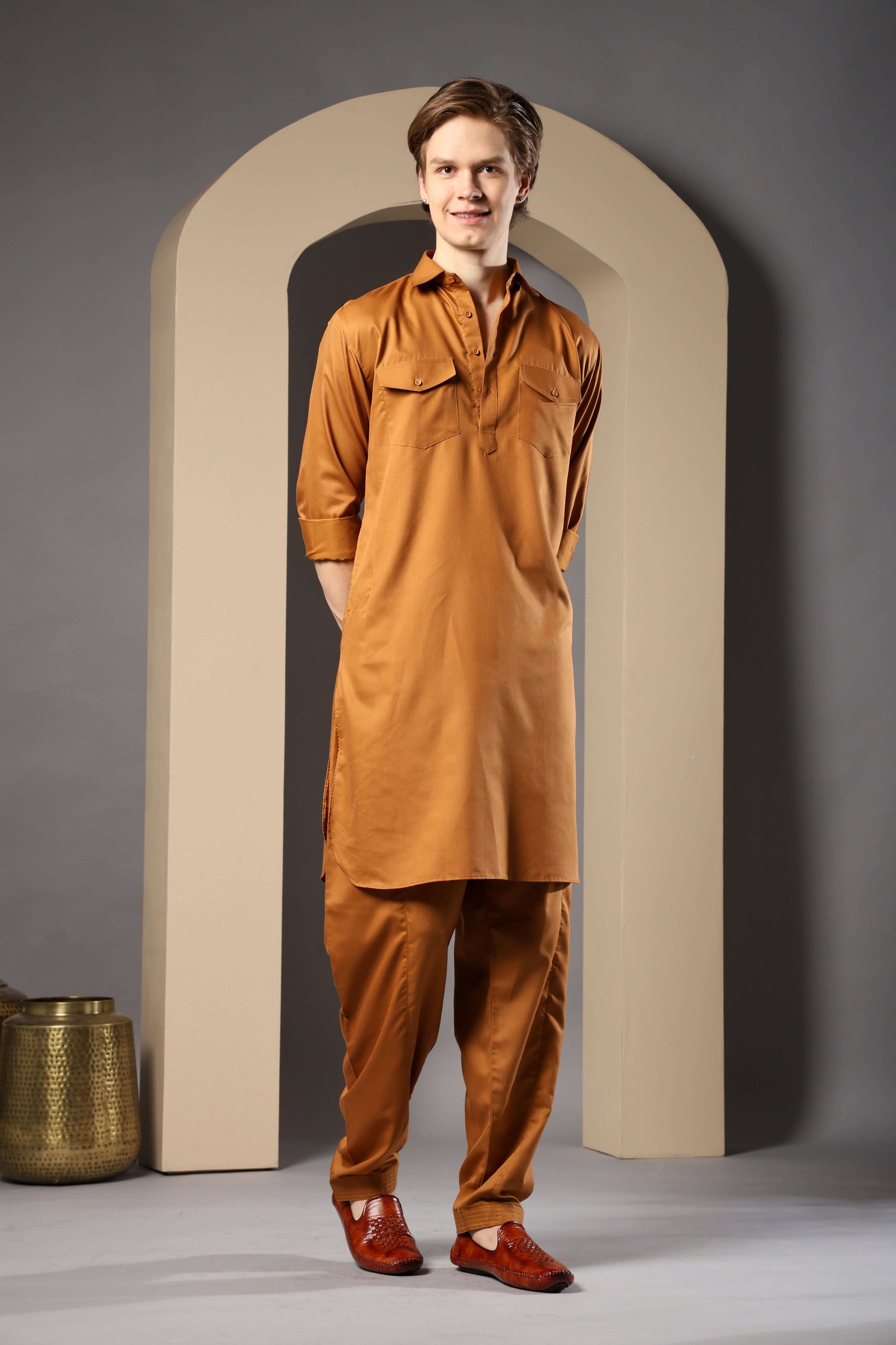 Golden Pathani Kurta for Men by Crease India – perfect men's pathani kurta for eid, friday prayers, dinner parties & even dailywear. Buy stylish men's golden pathani kurta online.
