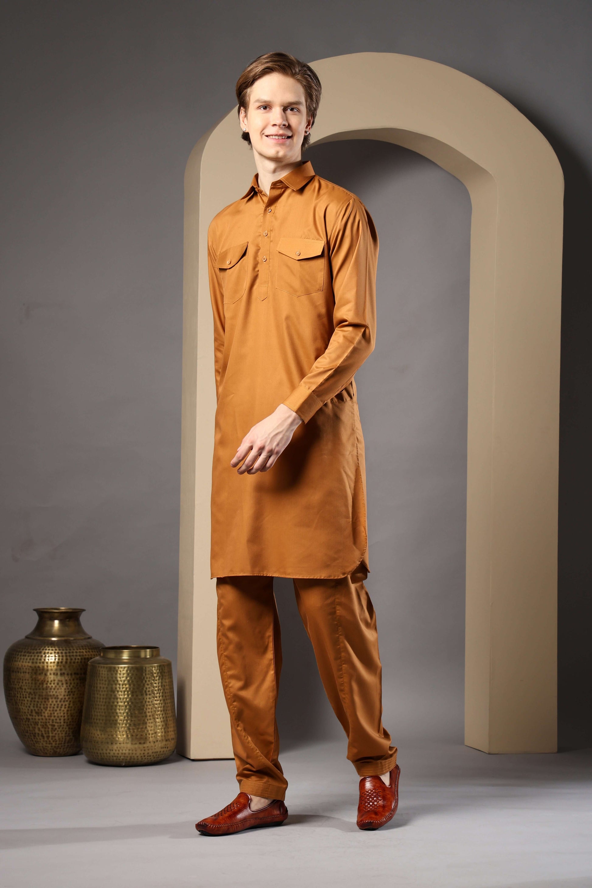 Golden Pathani Kurta for Men by Crease India – perfect men's pathani kurta for eid, friday prayers, dinner parties & even dailywear. Buy stylish men's golden pathani kurta online.