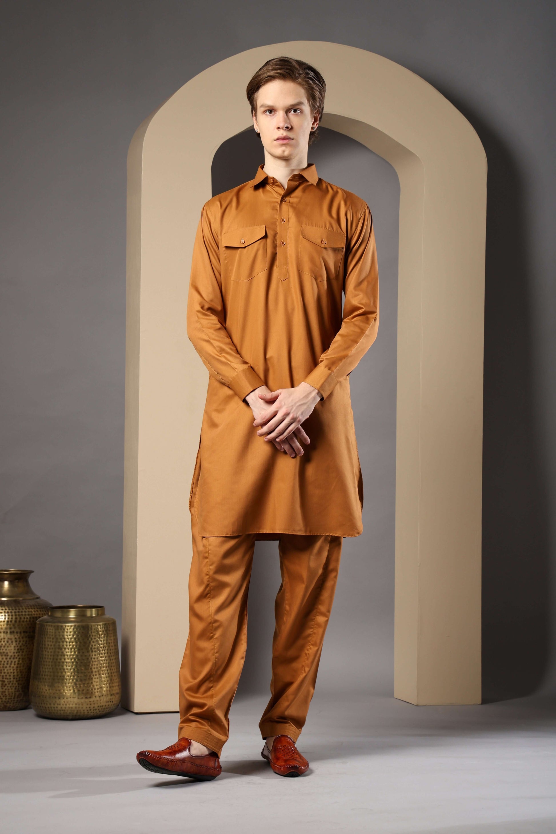 Golden Pathani Kurta for Men by Crease India – perfect men's pathani kurta for eid, friday prayers, dinner parties & even dailywear. Buy stylish men's golden pathani kurta online.