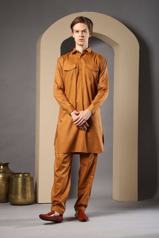 Golden Pathani Kurta for Men by Crease India – perfect men's pathani kurta for eid, friday prayers, dinner parties & even dailywear. Buy stylish men's golden pathani kurta online.