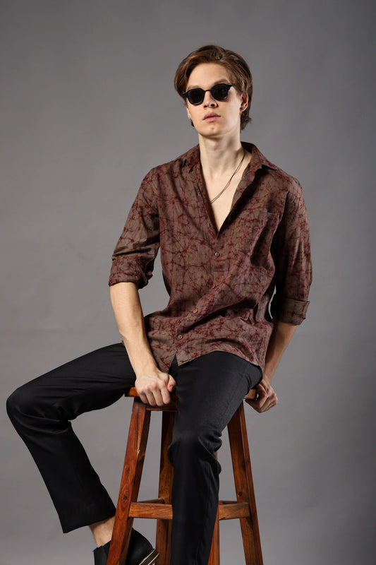 Hazelnut Batik Print Khadi Shirt for Men – casual khadi shirt for summer outings and ethnic daywear by Crease India