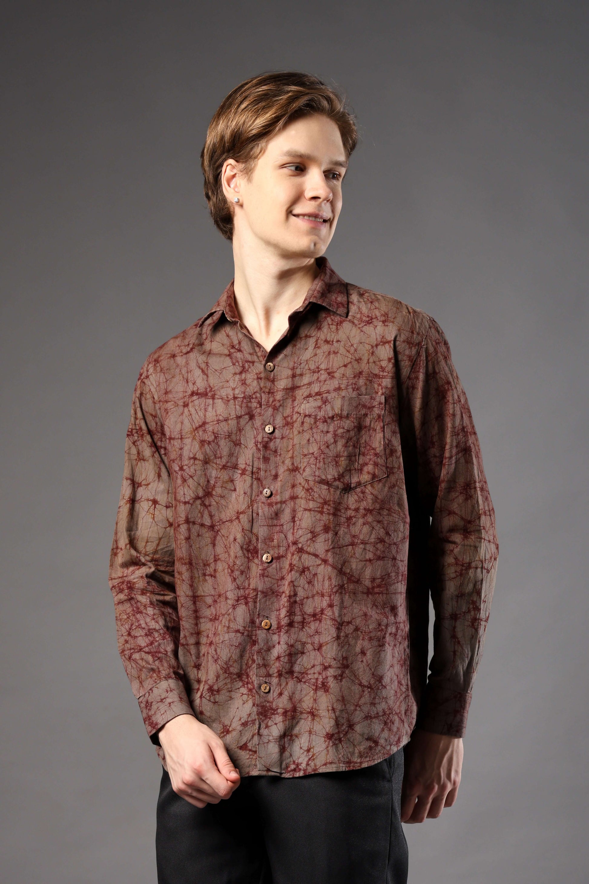 Hazelnut Batik Print Khadi Shirt for Men – casual khadi shirt for summer outings and ethnic daywear by Crease India