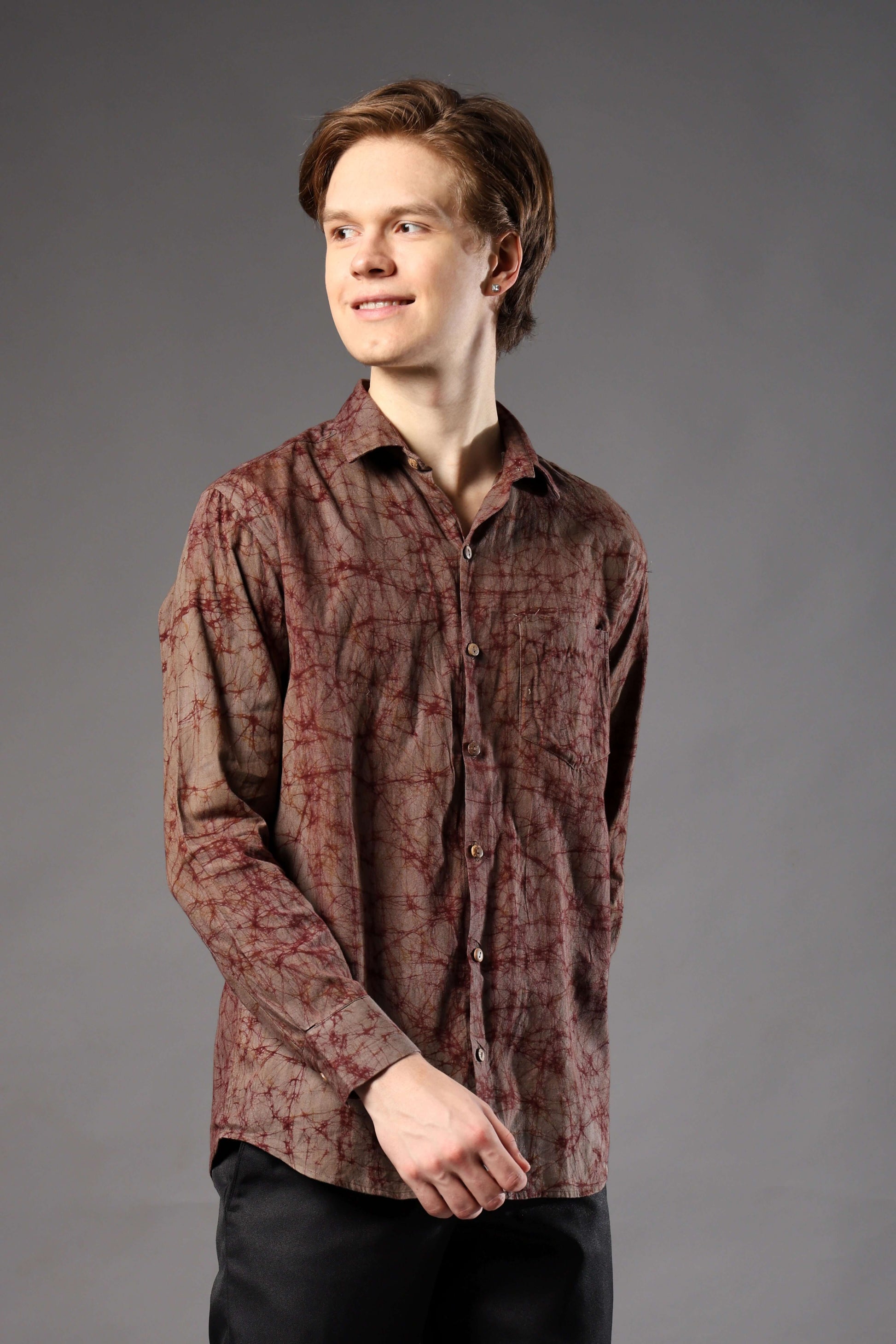 Hazelnut Batik Print Khadi Shirt for Men – casual khadi shirt for summer outings and ethnic daywear by Crease India