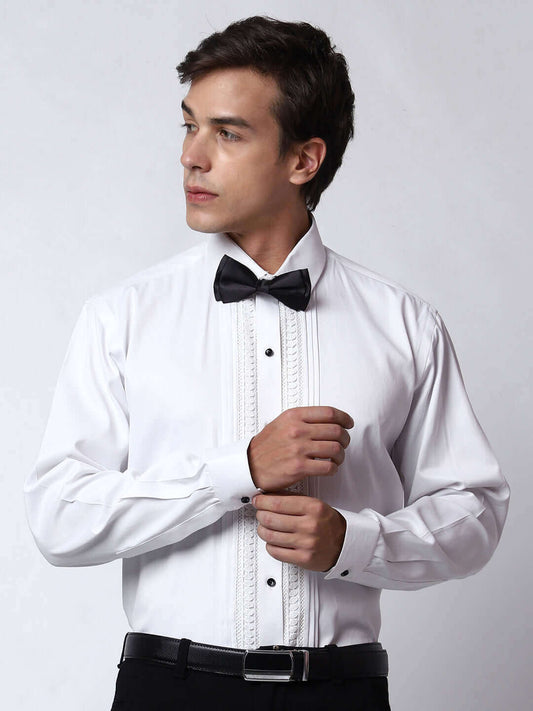 Lace Embellished Designer White Tuxedo Shirt for Men which is made up of cotton and has lace work at the front. Perfect designer formal wear white shirt for weddings and black tie events by Crease India.