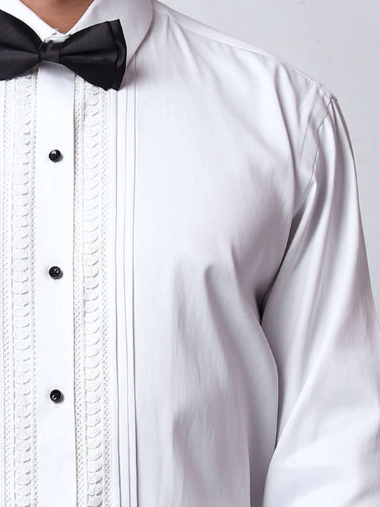 Lace Embellished Designer White Tuxedo Shirt for Men which is made up of cotton and has lace work at the front. Perfect designer formal wear white shirt for weddings and black tie events by Crease India.