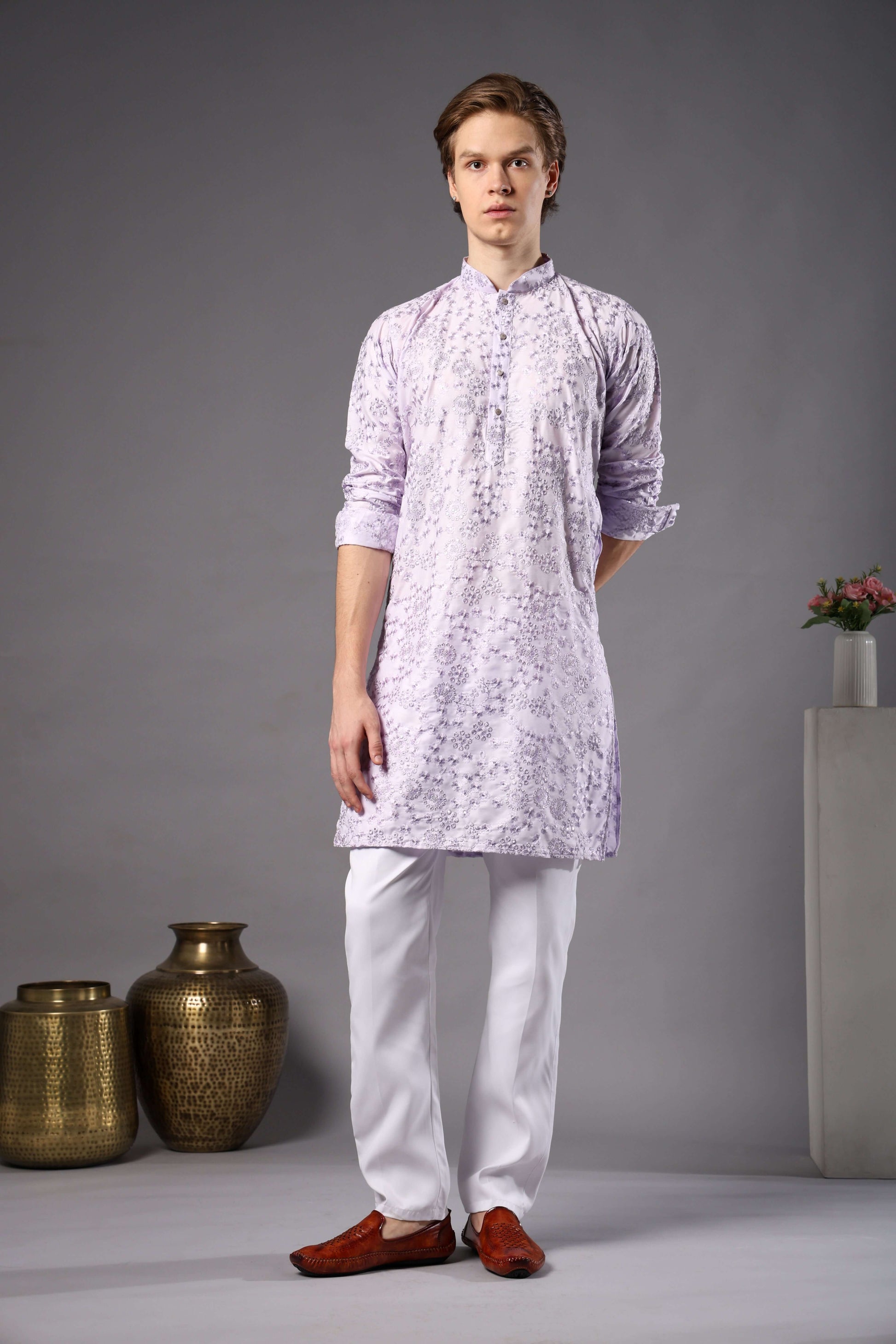 Kiya Silk Embroidered Lilac Kurta for Men – pastel mens ethnic kurta for summer weddings and festive occasions by Crease India