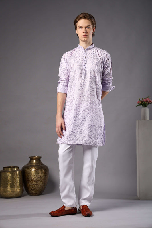 Kiya Silk Embroidered Lilac Kurta for Men – pastel mens ethnic kurta for summer weddings and festive occasions by Crease India