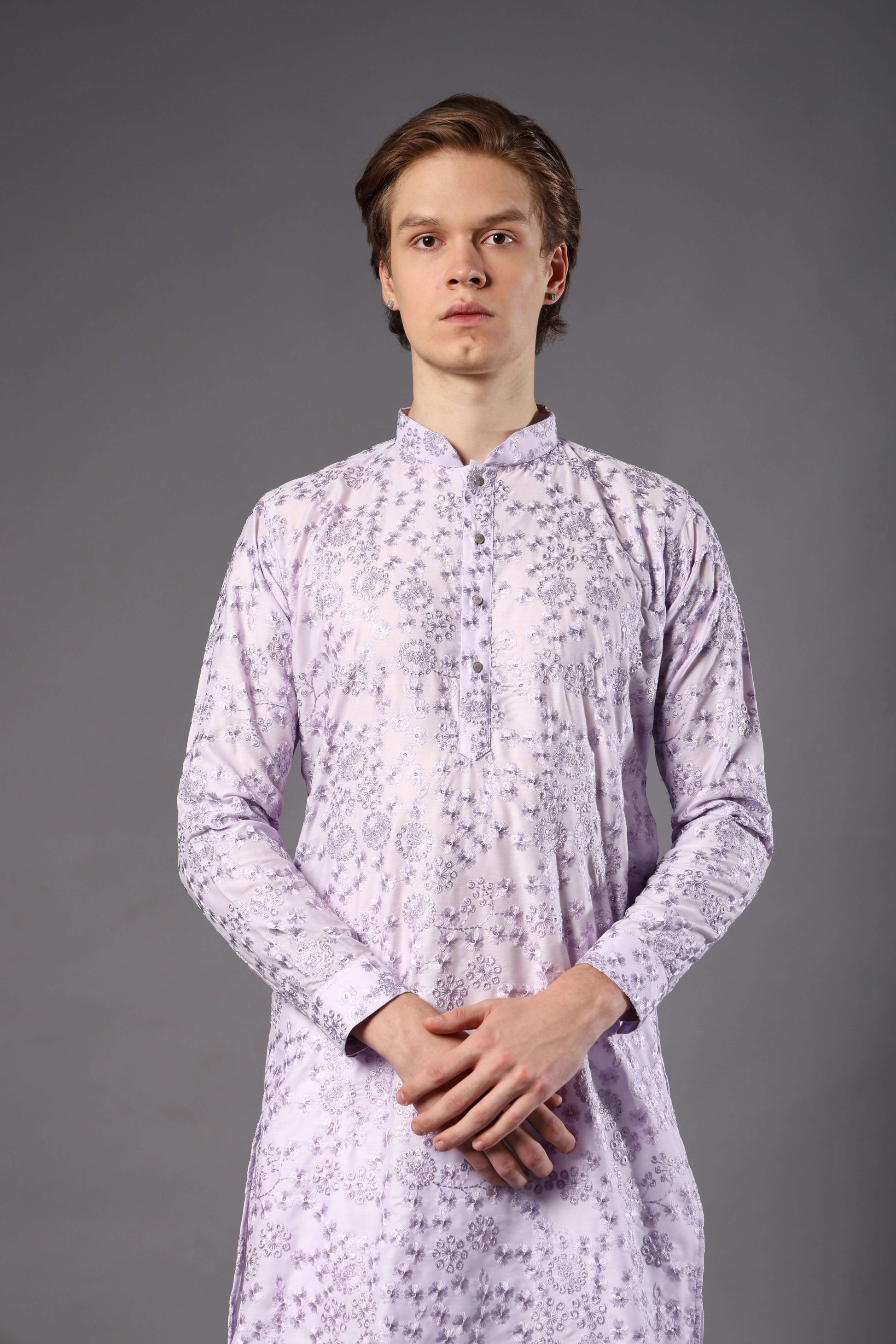 Kiya Silk Embroidered Lilac Kurta for Men – pastel mens ethnic kurta for summer weddings and festive occasions by Crease India