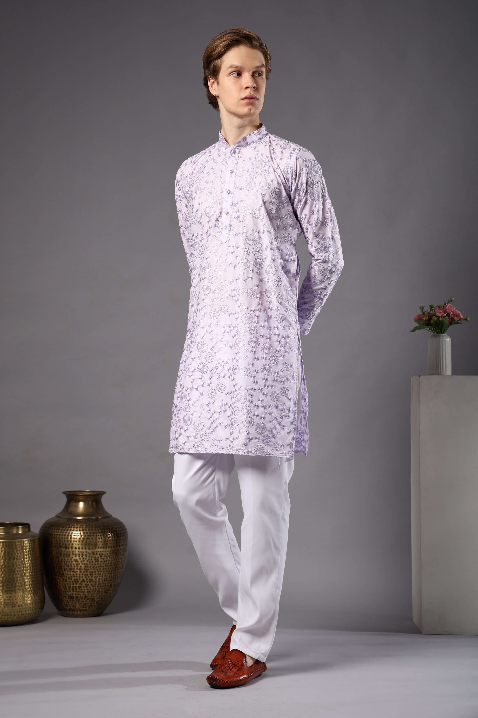 Kiya Silk Embroidered Lilac Kurta for Men – pastel mens ethnic kurta for summer weddings and festive occasions by Crease India