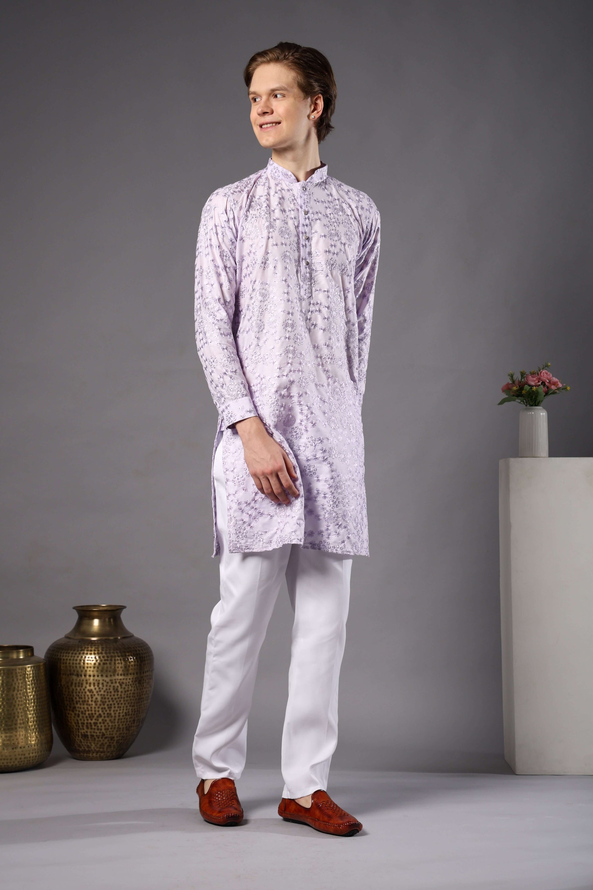 Kiya Silk Embroidered Lilac Kurta for Men – pastel mens ethnic kurta for summer weddings and festive occasions by Crease India