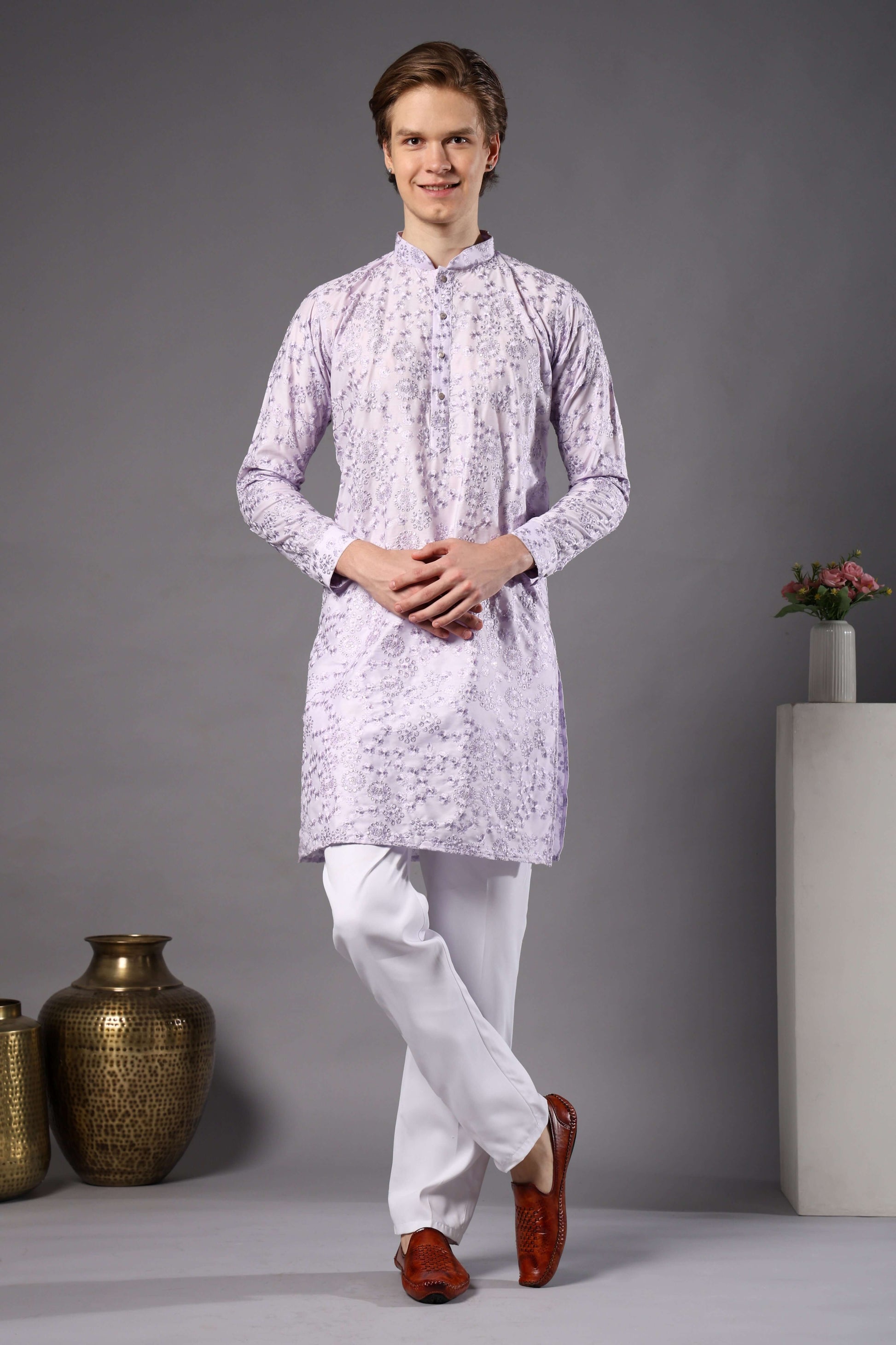 Kiya Silk Embroidered Lilac Kurta for Men – pastel mens ethnic kurta for summer weddings and festive occasions by Crease India