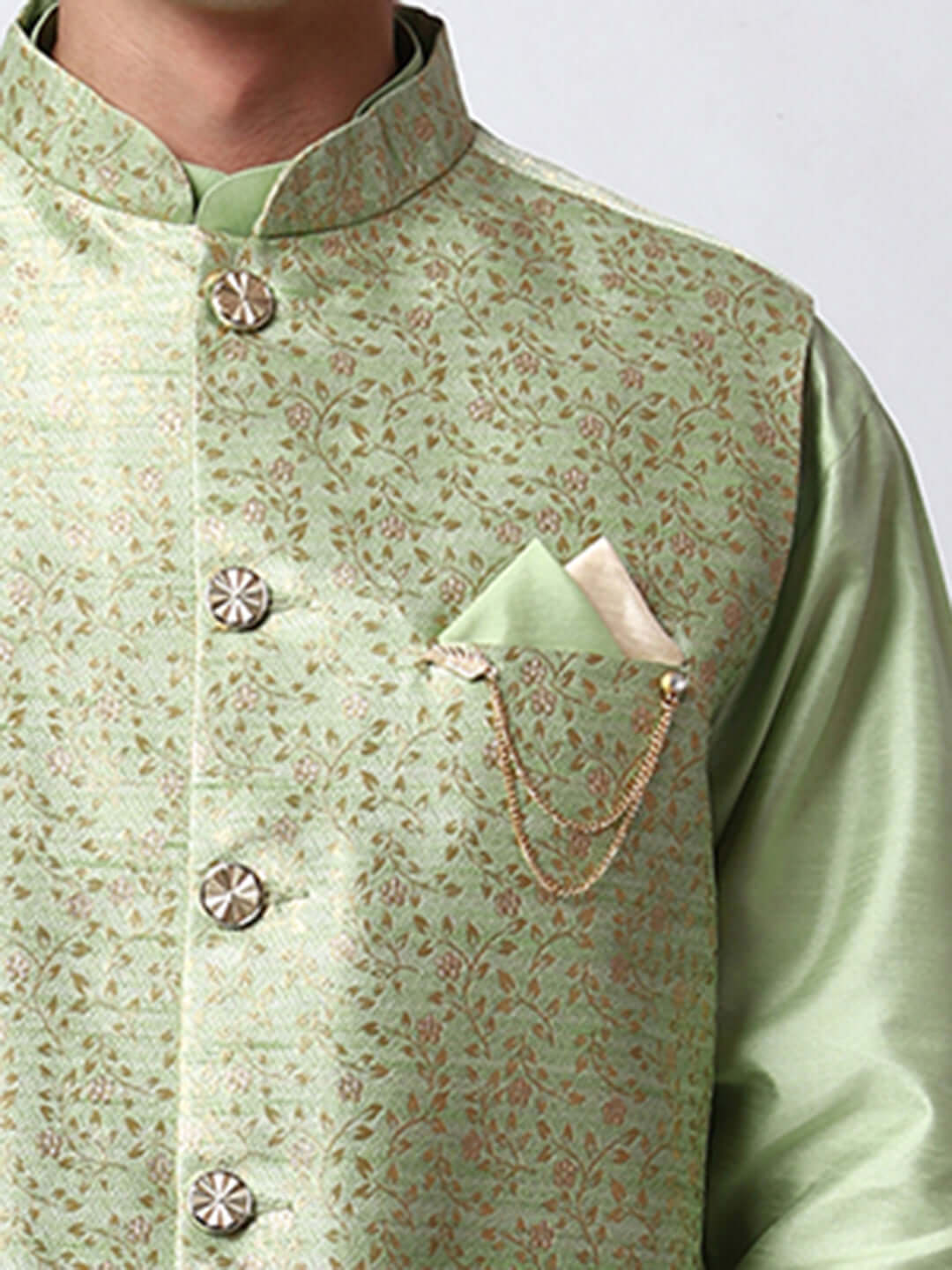 Lush Green kurta with nehru jacket for men which is made up of dupion silk and has golden petal embroidery on it. Shop this lush green designer wedding kurta jacket set for male from Crease India website.