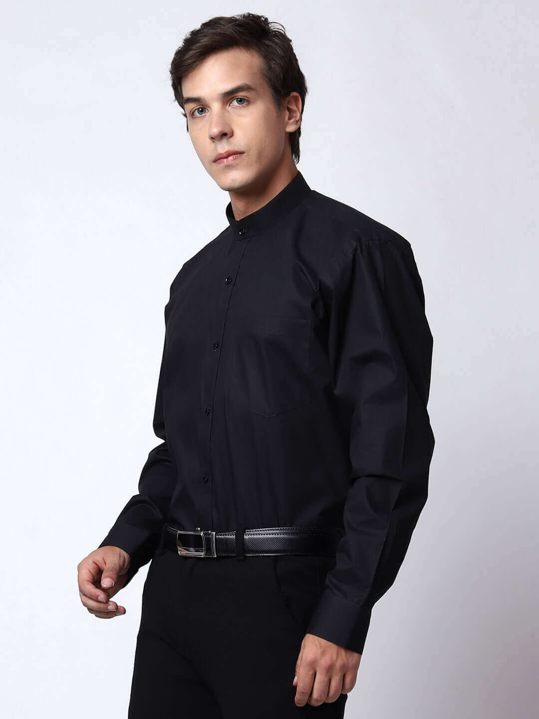 Black Mandarin Collar Shirt for Men, perfect for daily office wear, business meetings and formal occasions. Perfect mandarin collar shirt for men by Crease India.