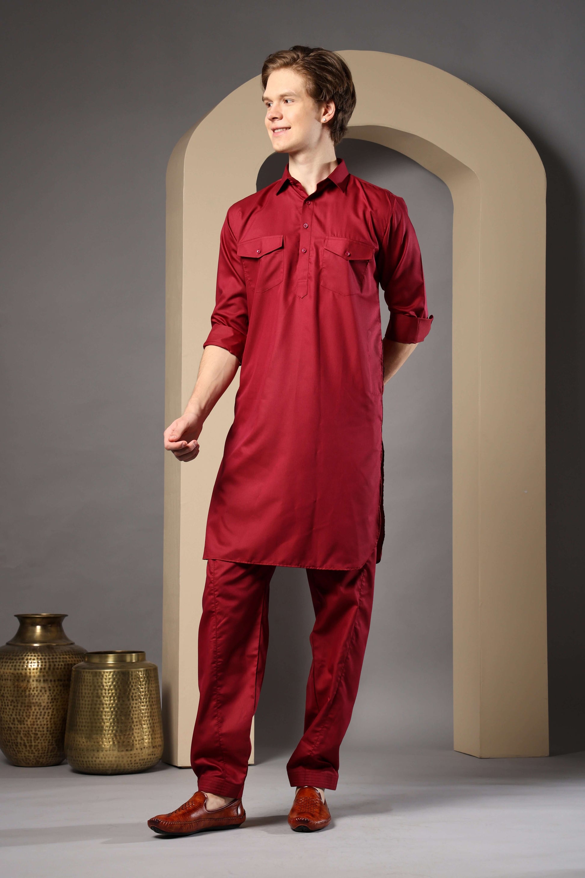 Maroon Pathani Kurta for Men by Crease India – perfect men's pathani kurta for eid, friday prayers, dinner parties & even dailywear. Buy stylish men's maroon pathani kurta online.