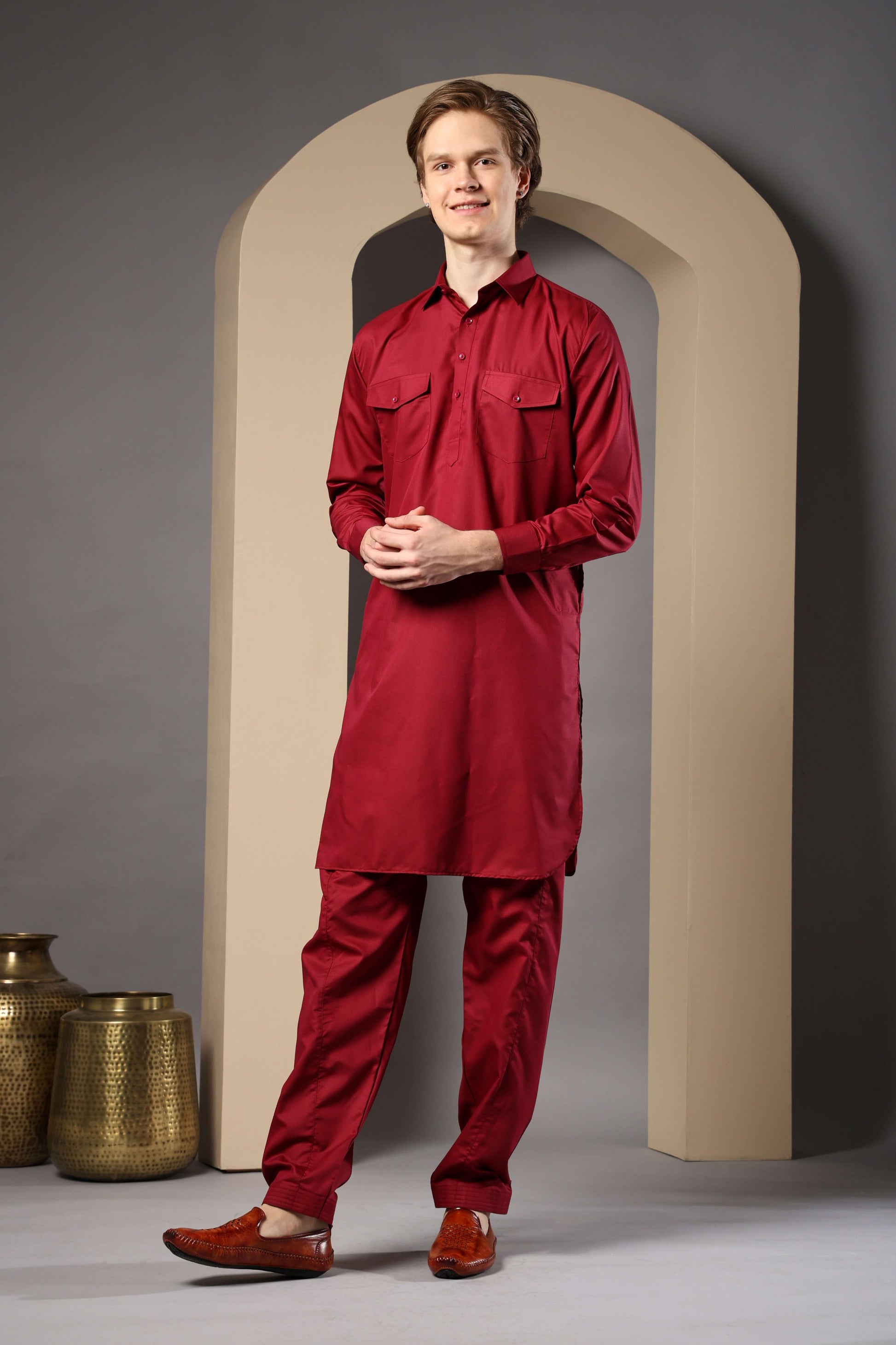 Maroon Pathani Kurta for Men by Crease India – perfect men's pathani kurta for eid, friday prayers, dinner parties & even dailywear. Buy stylish men's maroon pathani kurta online.
