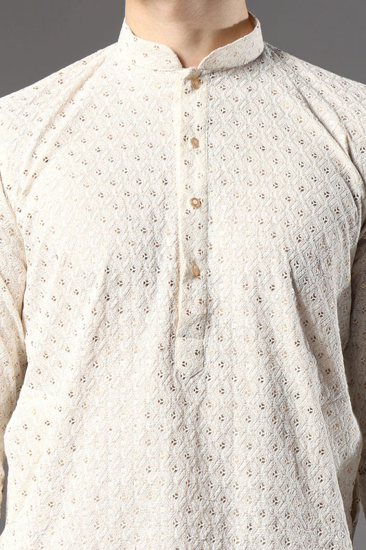 Cream Chikankari Sequin Kurta for Men by Crease India – stylish mens kurta for haldi, daytime weddings and puja events. Shop mens chikankari cream kurta online.