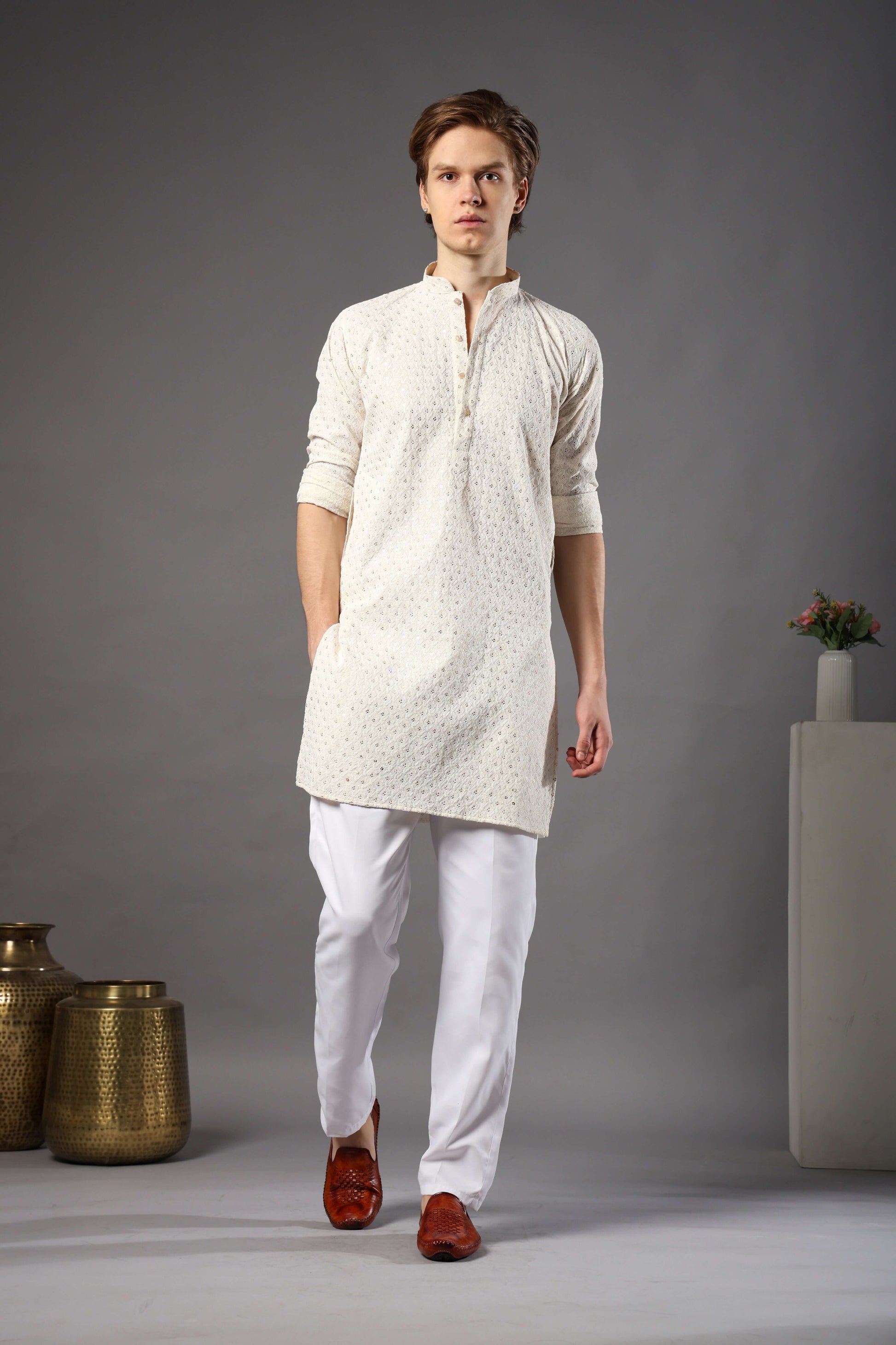 Cream Chikankari Sequin Kurta for Men by Crease India – stylish mens kurta for haldi, daytime weddings and puja events. Shop mens chikankari cream kurta online.
