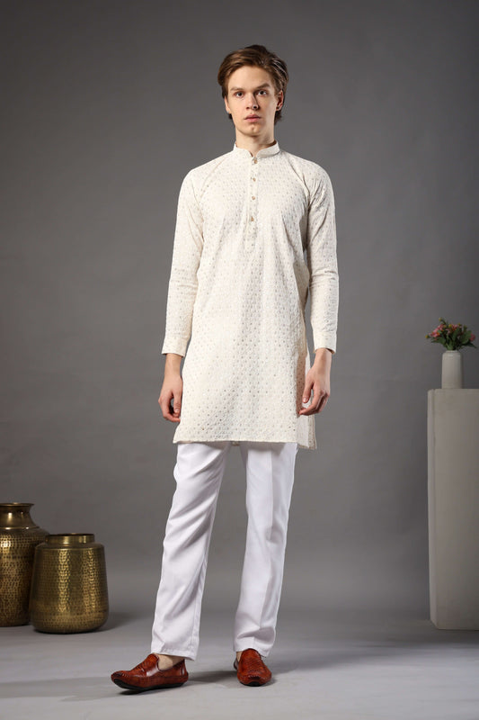 Cream Chikankari Sequin Kurta for Men by Crease India – stylish mens kurta for haldi, daytime weddings and puja events. Shop mens chikankari cream kurta online.