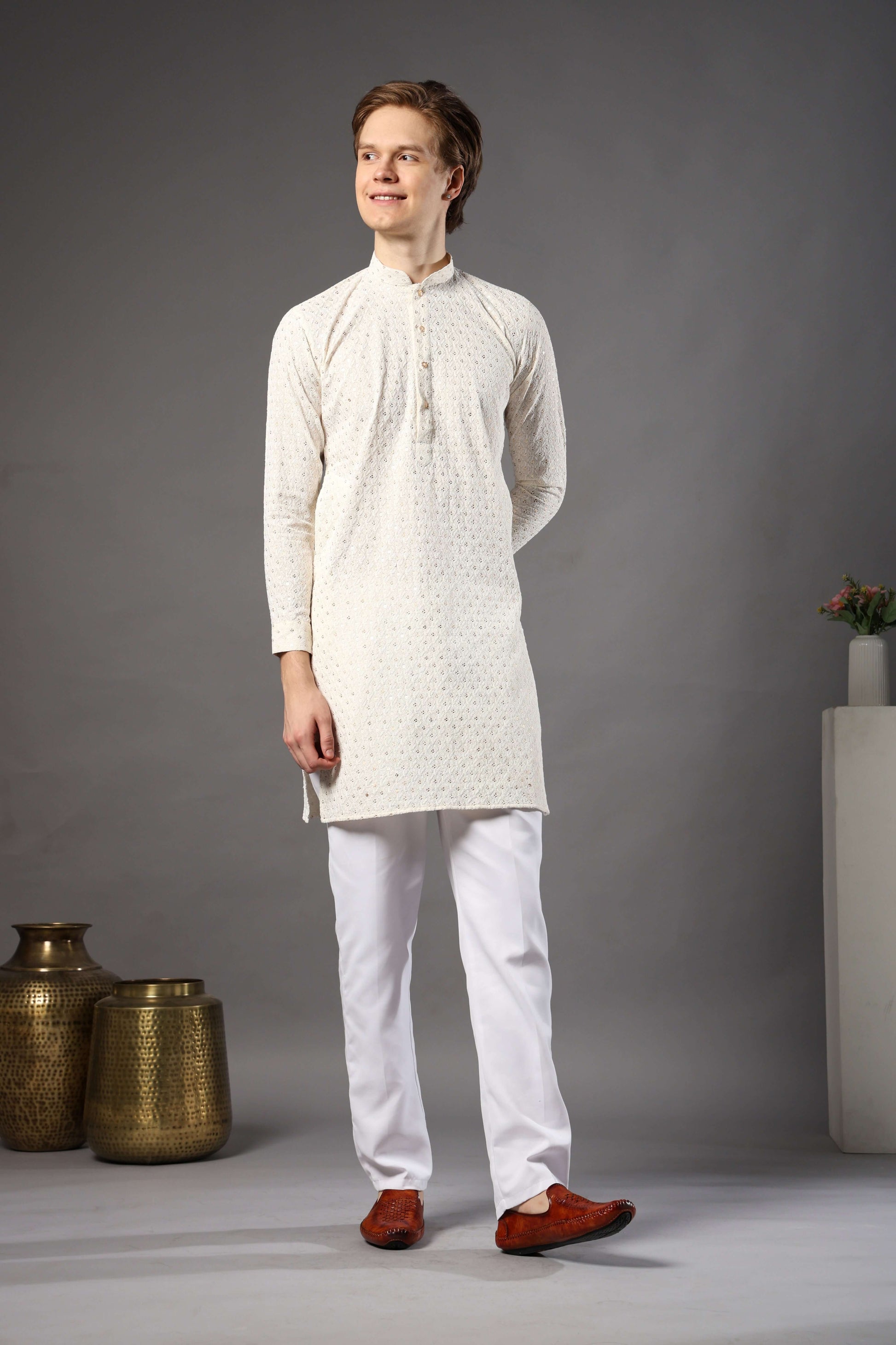 Cream Chikankari Sequin Kurta for Men by Crease India – stylish mens kurta for haldi, daytime weddings and puja events. Shop mens chikankari cream kurta online.