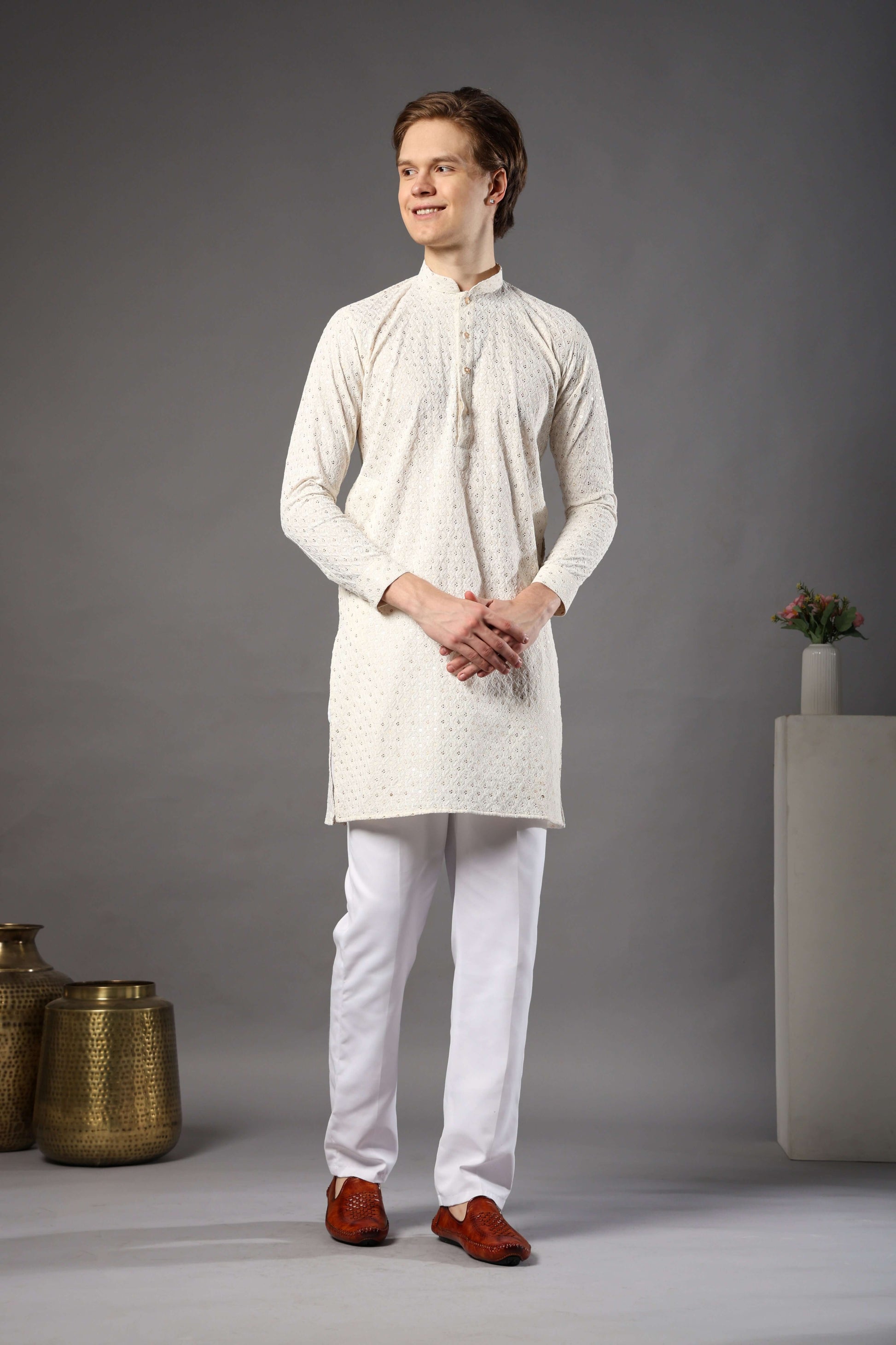 Cream Chikankari Sequin Kurta for Men by Crease India – stylish mens kurta for haldi, daytime weddings and puja events. Shop mens chikankari cream kurta online.