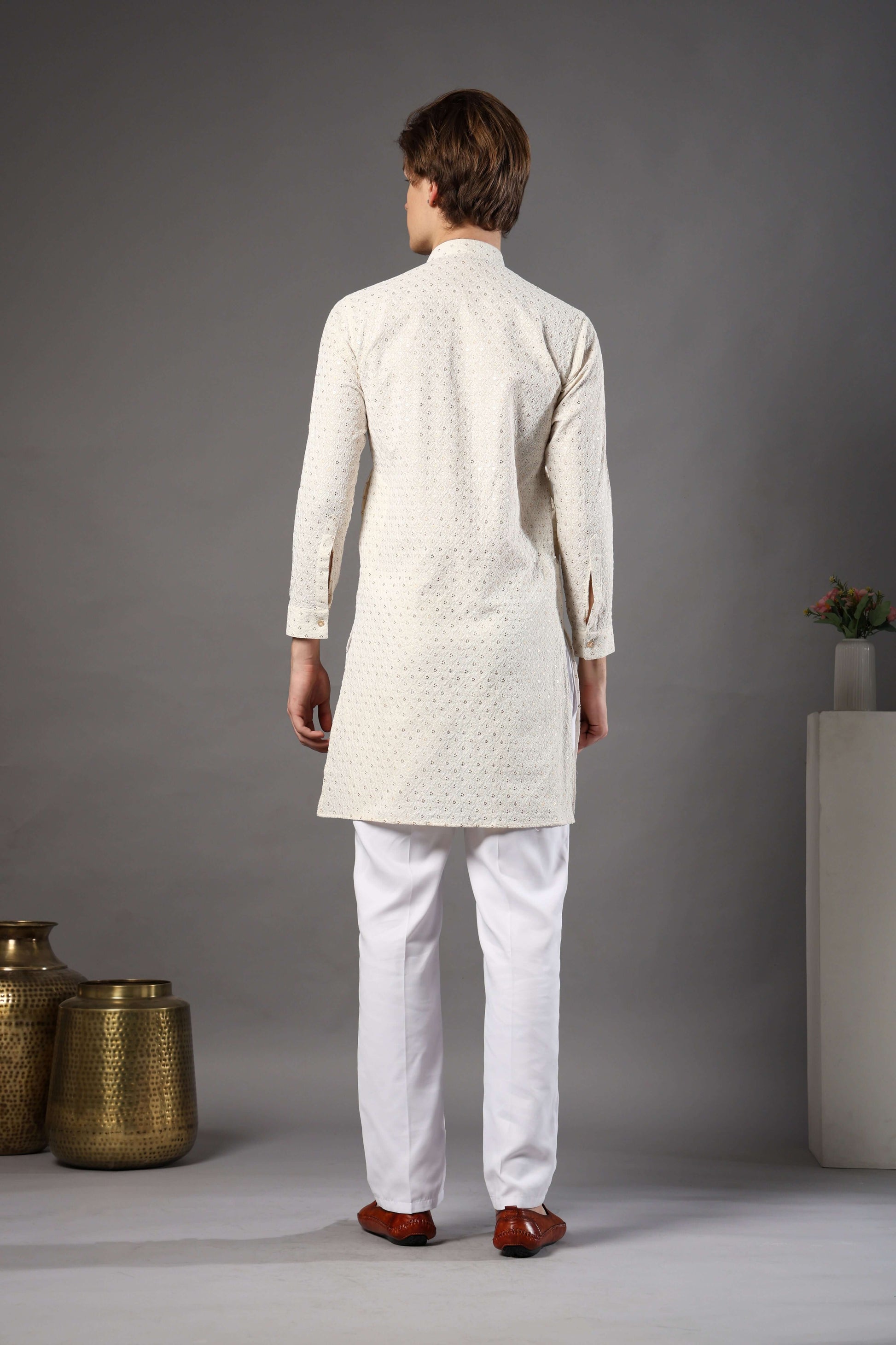 Cream Chikankari Sequin Kurta for Men by Crease India – stylish mens kurta for haldi, daytime weddings and puja events. Shop mens chikankari cream kurta online.
