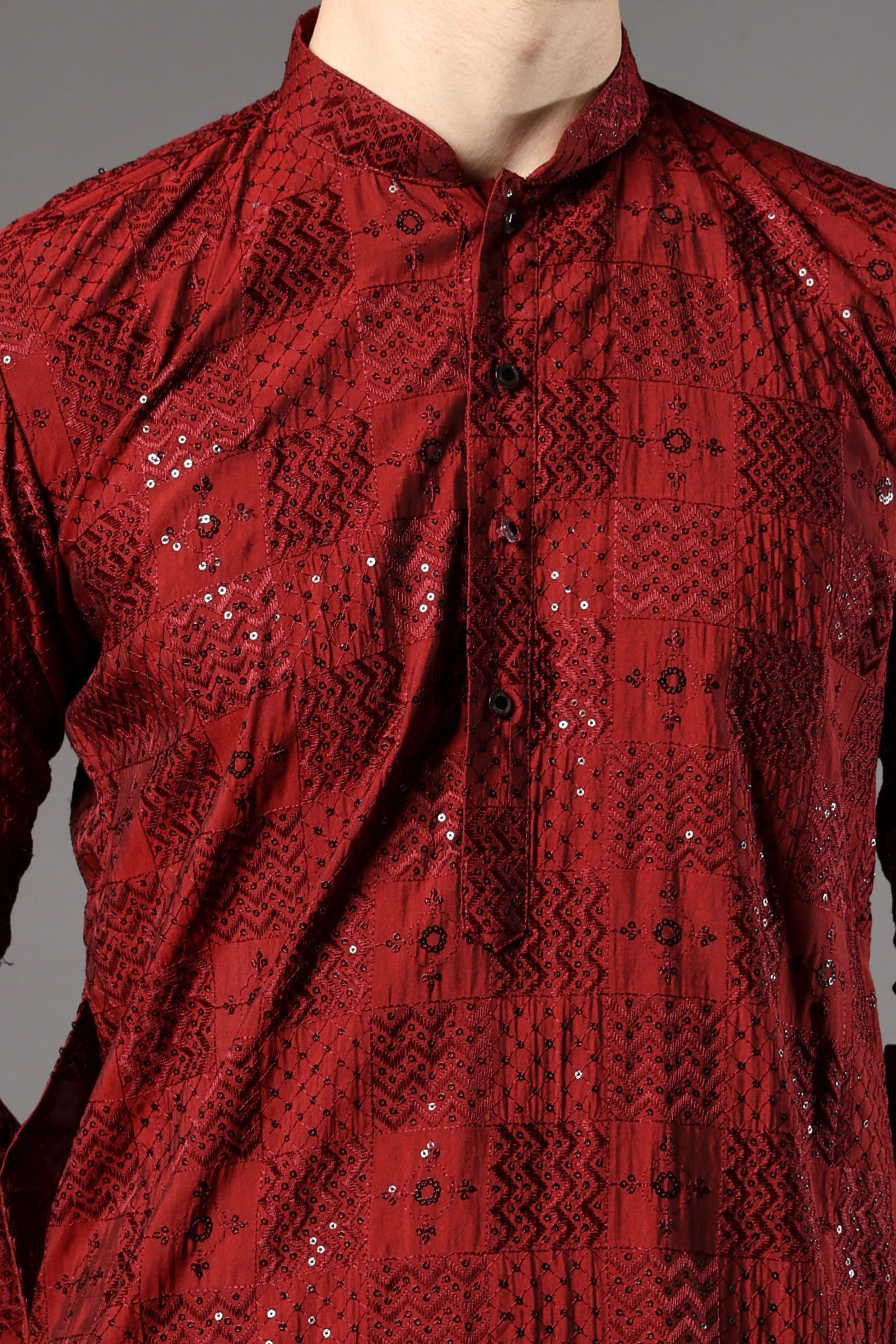Kiya Silk Sequin Embroidered Maroon Kurta for Men – festive ethnic mens kurta for sangeet and parties by Crease India