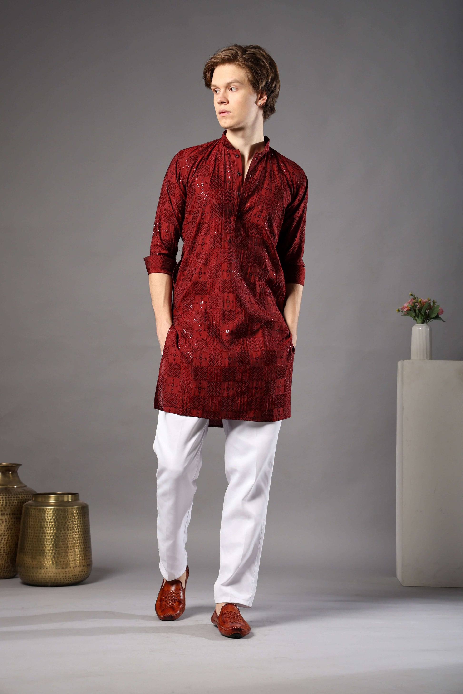 Kiya Silk Sequin Embroidered Maroon Kurta for Men – festive ethnic mens kurta for sangeet and parties by Crease India