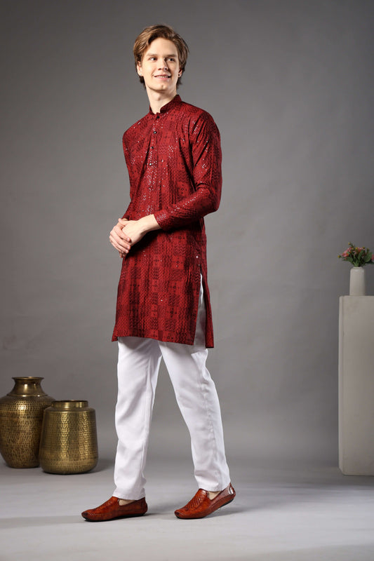 Kiya Silk Sequin Embroidered Maroon Kurta for Men – festive ethnic mens kurta for sangeet and parties by Crease India