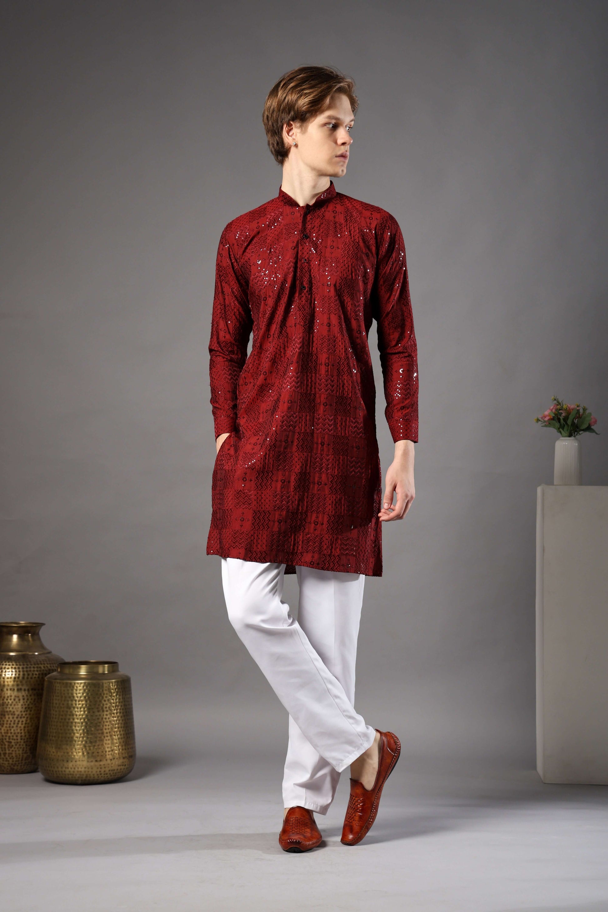 Kiya Silk Sequin Embroidered Maroon Kurta for Men – festive ethnic mens kurta for sangeet and parties by Crease India