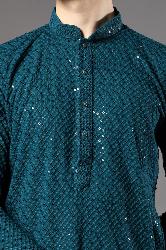 Teal Blue Chikankari Sequin Kurta for Men by Crease India – perfect mens kurta for engagements and Eid. Buy teal blue mens kurta with sequin design online.