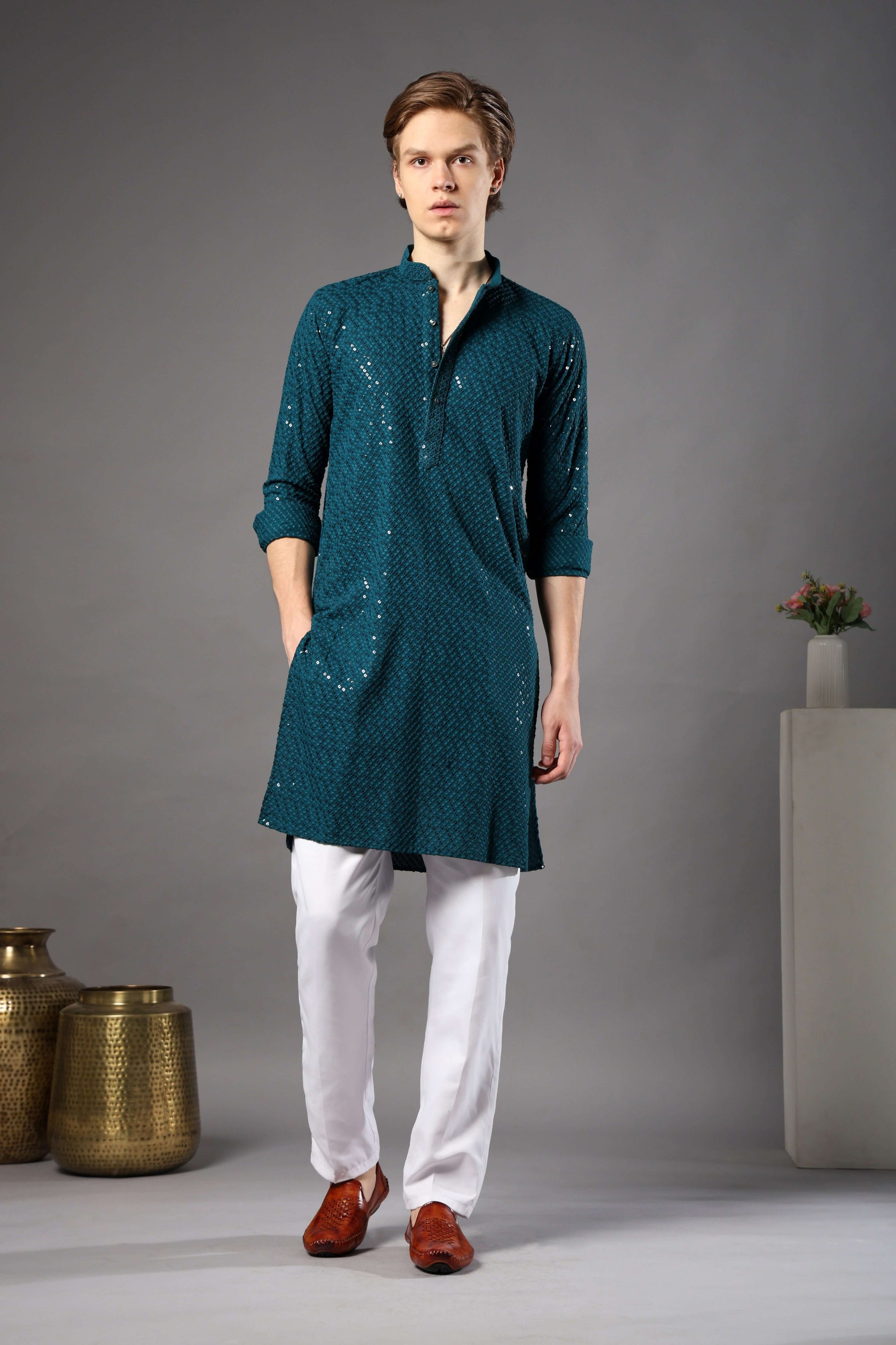Teal Blue Chikankari Sequin Kurta for Men by Crease India – perfect mens kurta for engagements and Eid. Buy teal blue mens kurta with sequin design online.