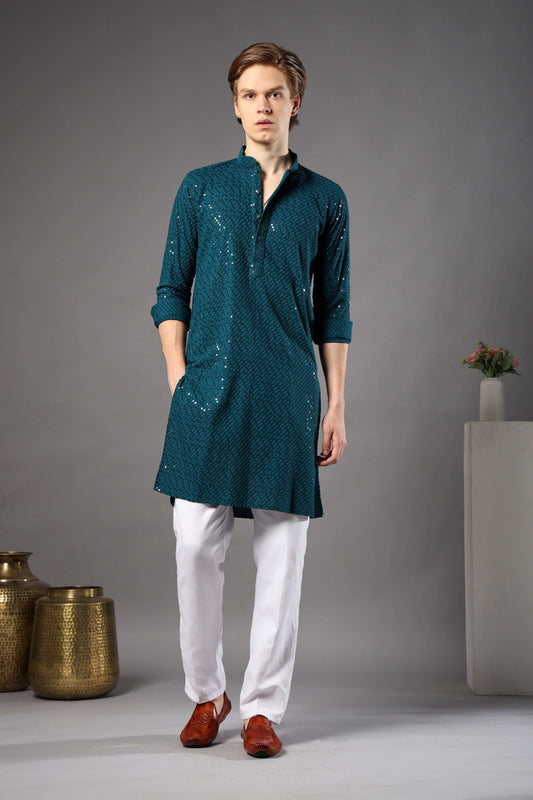 Teal Blue Chikankari Sequin Kurta for Men by Crease India – perfect mens kurta for engagements and Eid. Buy teal blue mens kurta with sequin design online.