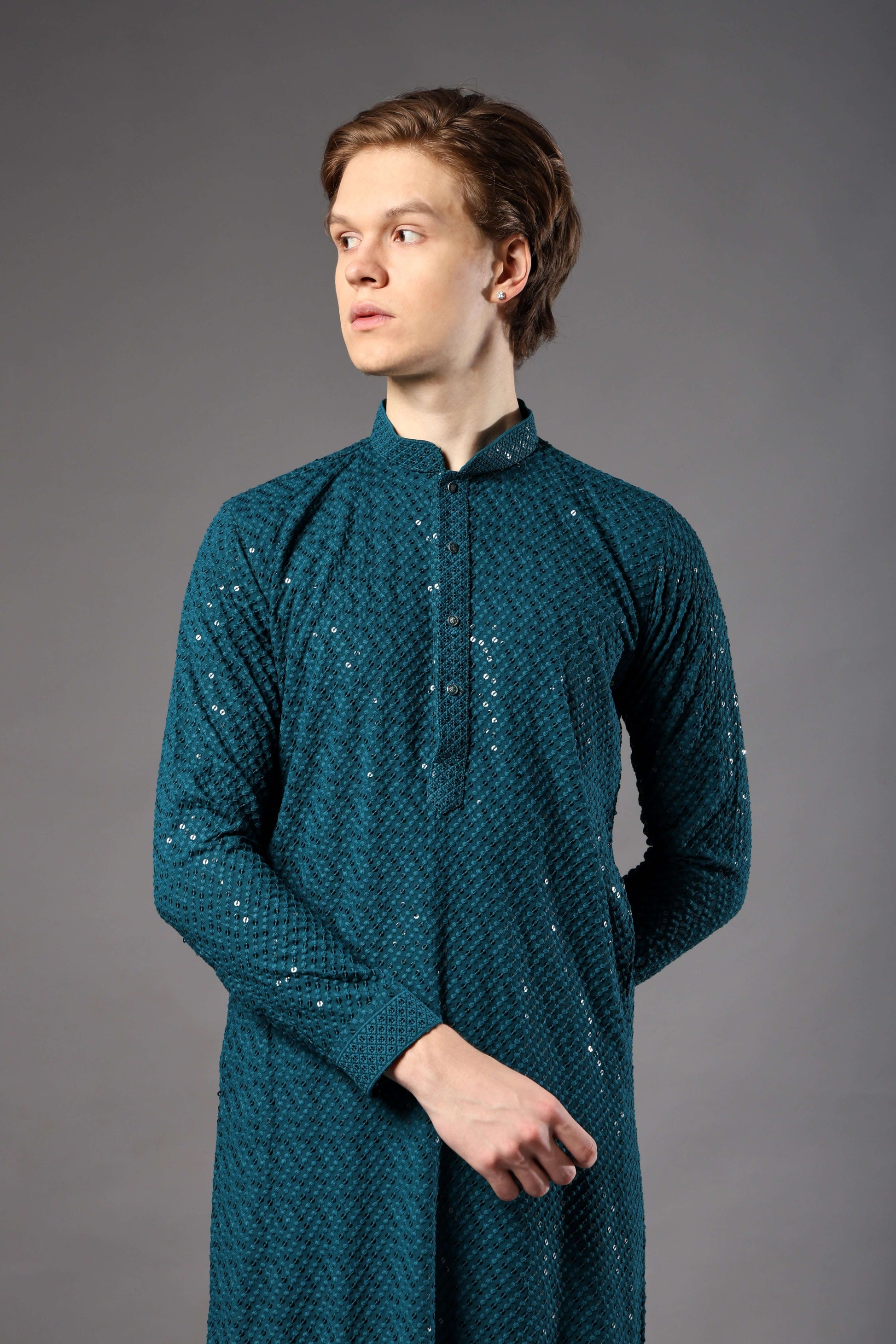 Teal Blue Chikankari Sequin Kurta for Men by Crease India – perfect mens kurta for engagements and Eid. Buy teal blue mens kurta with sequin design online.