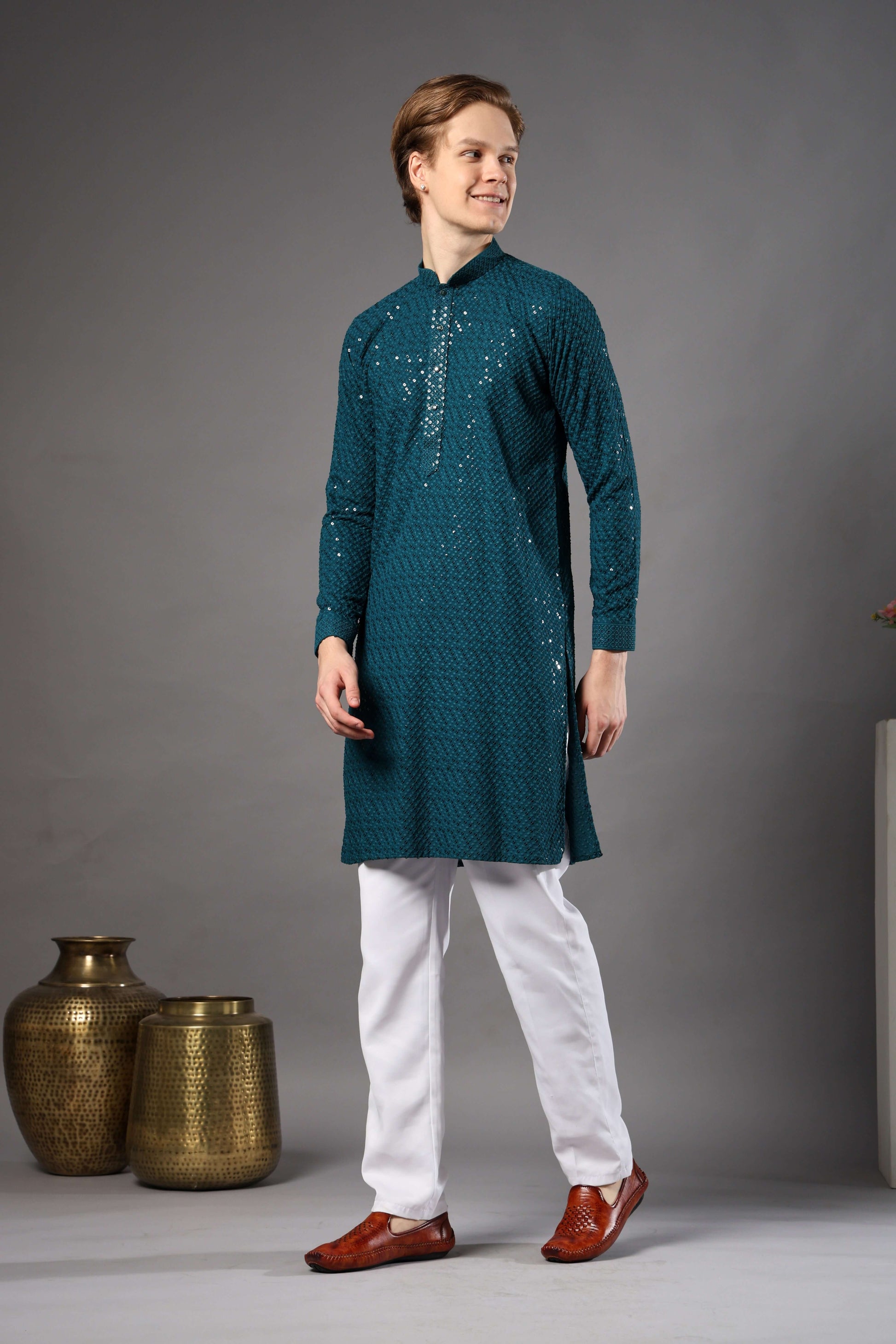 Teal Blue Chikankari Sequin Kurta for Men by Crease India – perfect mens kurta for engagements and Eid. Buy teal blue mens kurta with sequin design online.