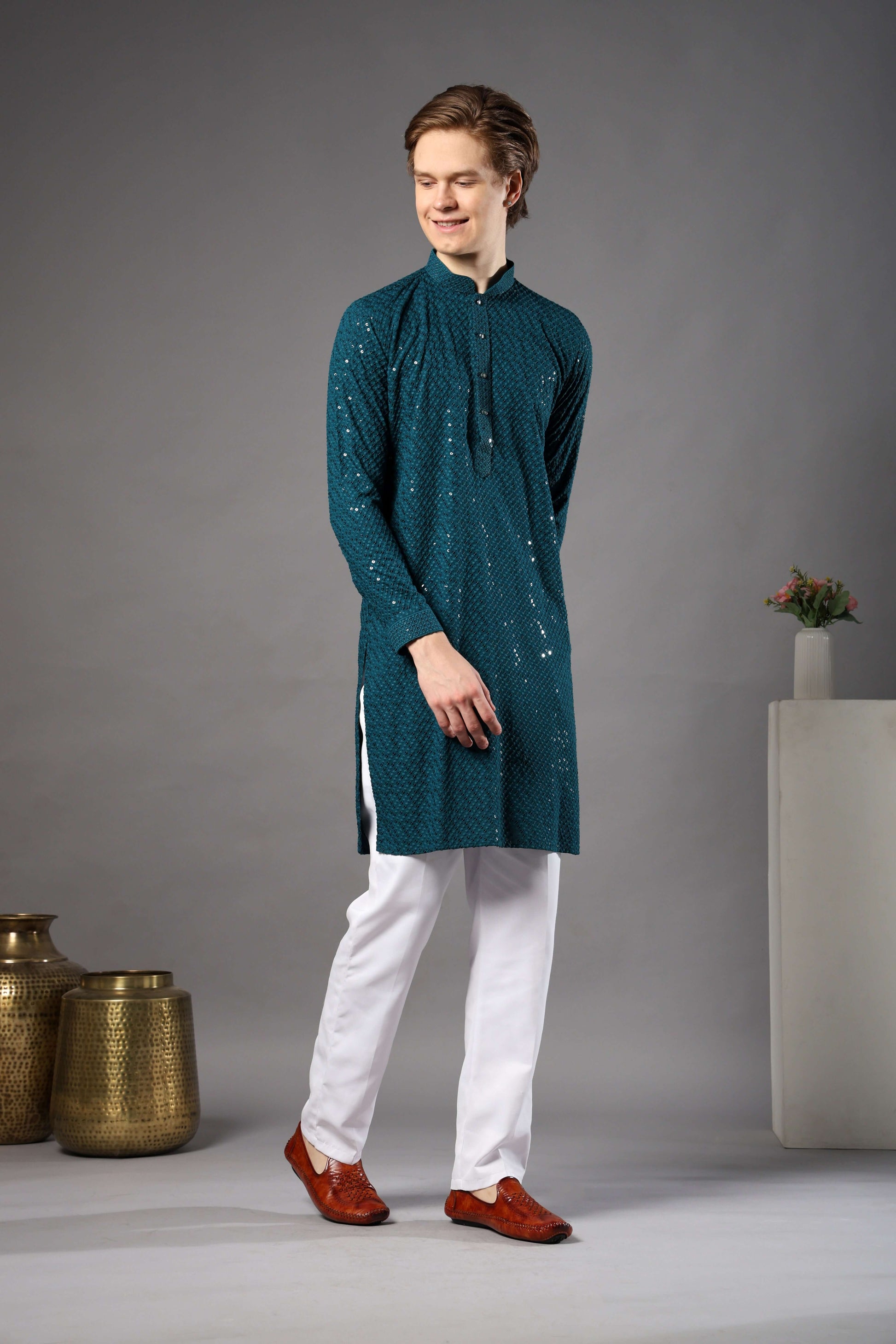 Teal Blue Chikankari Sequin Kurta for Men by Crease India – perfect mens kurta for engagements and Eid. Buy teal blue mens kurta with sequin design online.