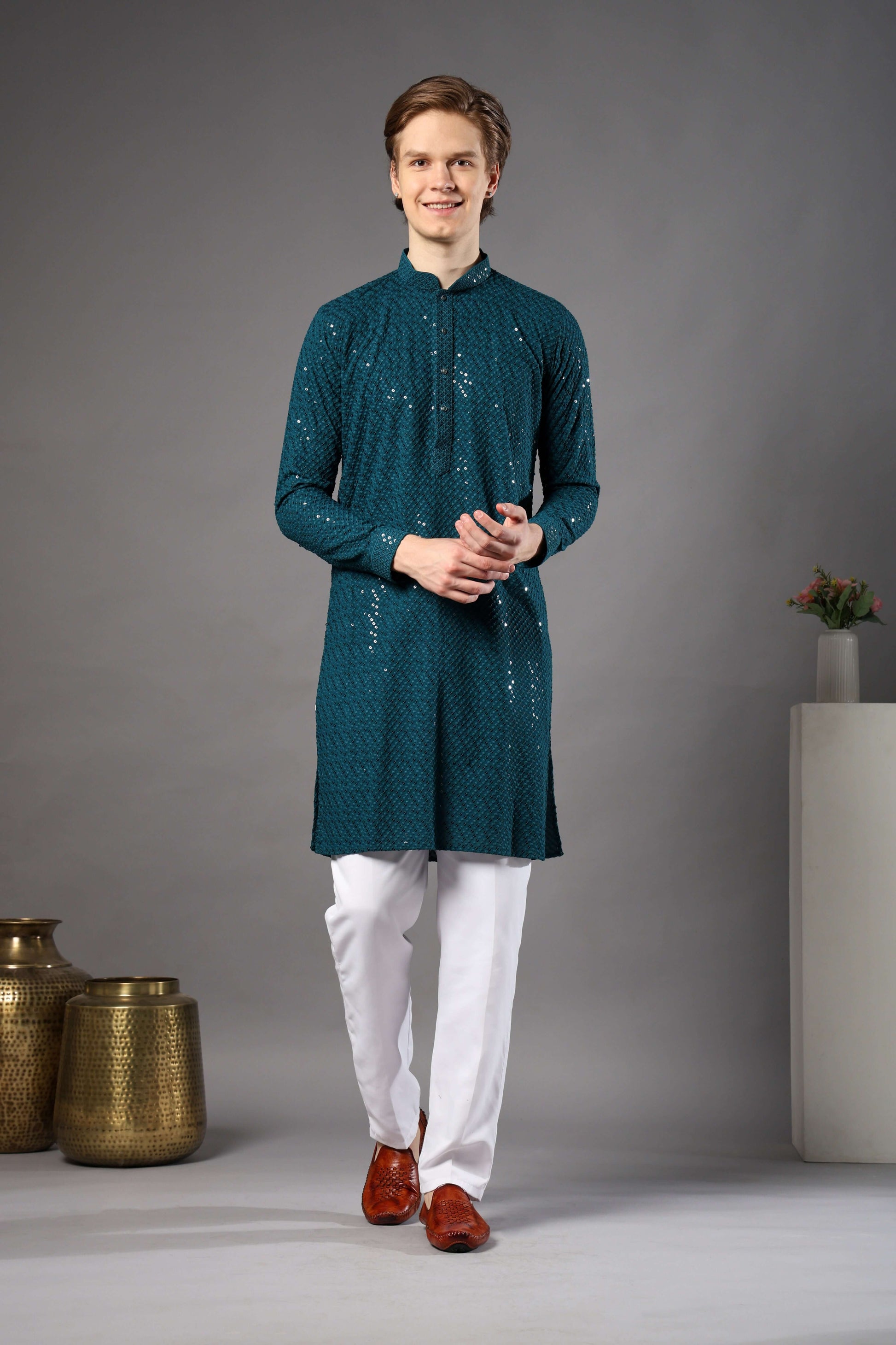 Teal Blue Chikankari Sequin Kurta for Men by Crease India – perfect mens kurta for engagements and Eid. Buy teal blue mens kurta with sequin design online.
