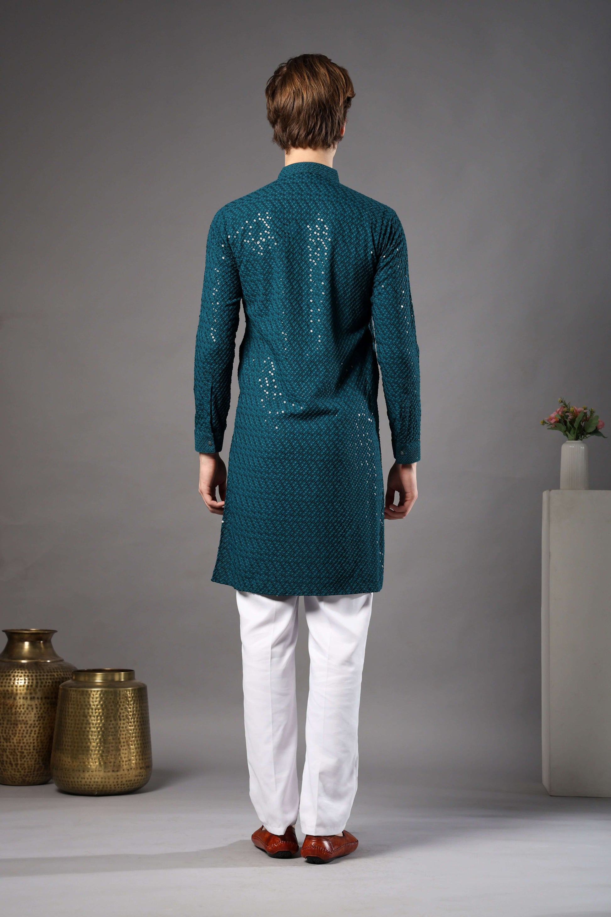 Teal Blue Chikankari Sequin Kurta for Men by Crease India – perfect mens kurta for engagements and Eid. Buy teal blue mens kurta with sequin design online.