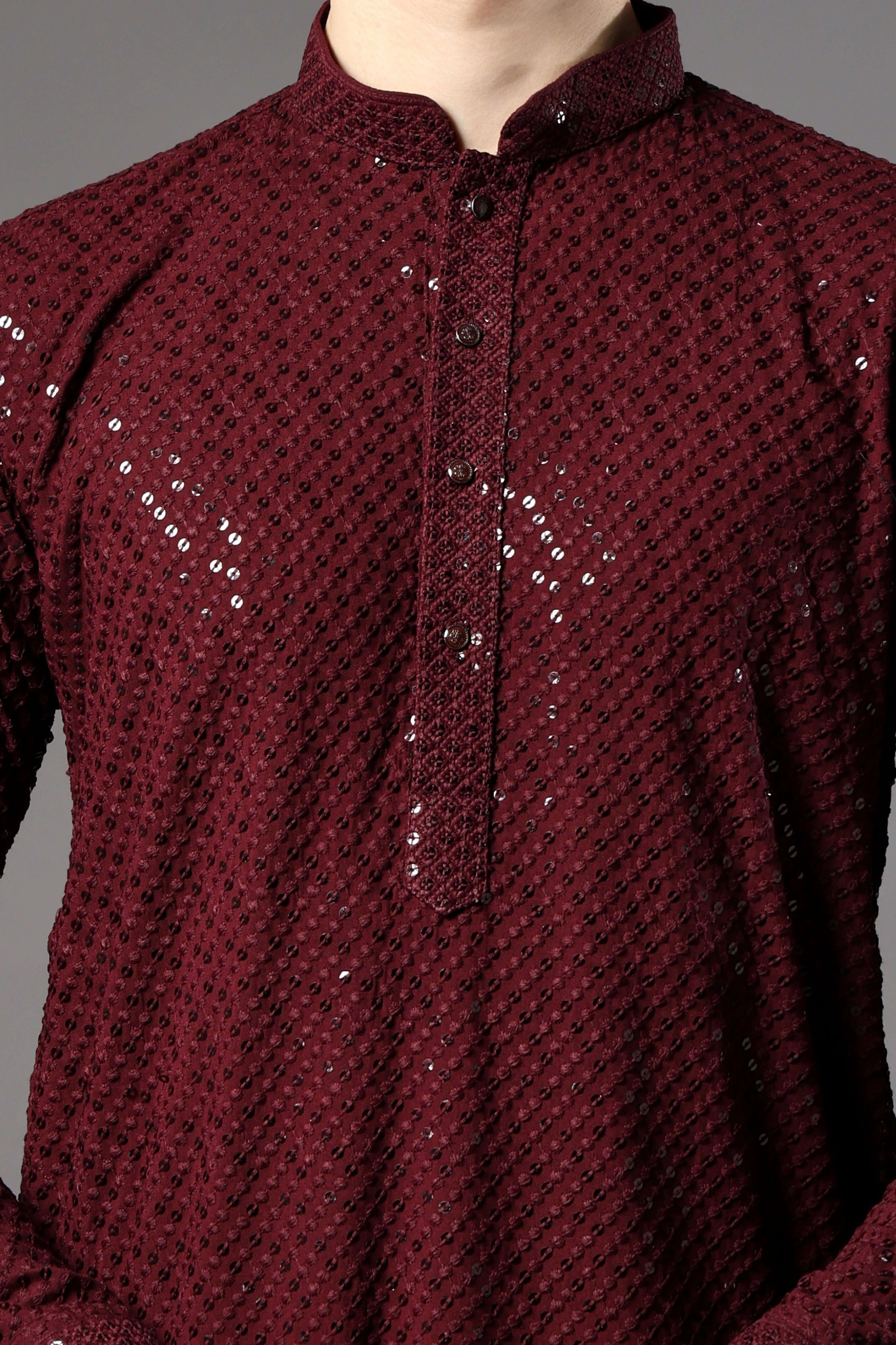 Wine Chikankari Sequin Kurta for Men by Crease India – ideal mens kurta for Diwali, night weddings and receptions. Shop sequin embellished mens wine kurta online.
