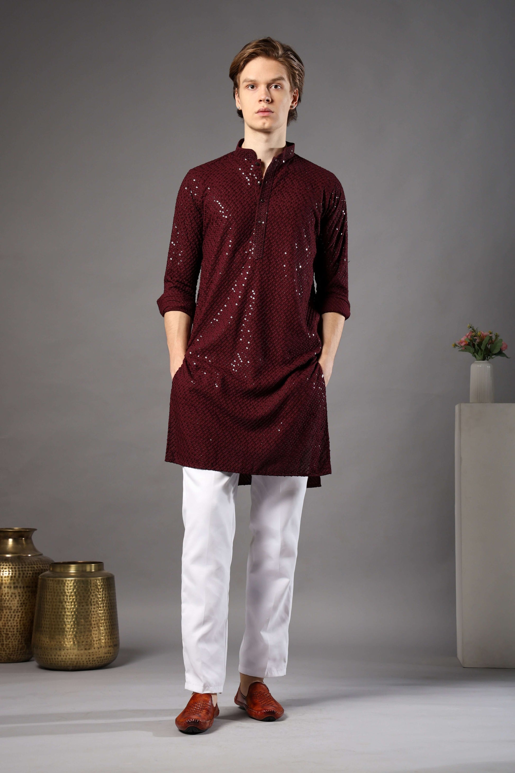 Wine Chikankari Sequin Kurta for Men by Crease India – ideal mens kurta for Diwali, night weddings and receptions. Shop sequin embellished mens wine kurta online.