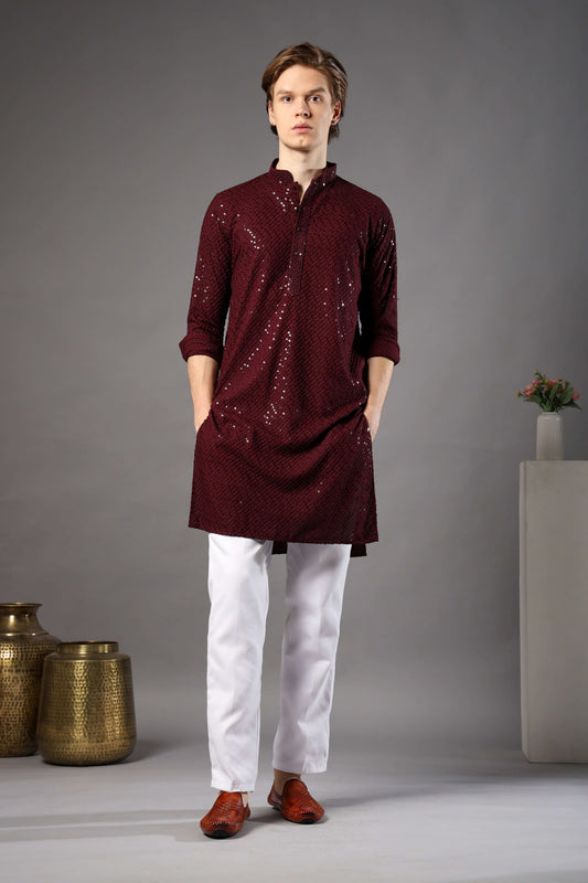 Wine Chikankari Sequin Kurta for Men by Crease India – ideal mens kurta for Diwali, night weddings and receptions. Shop sequin embellished mens wine kurta online.