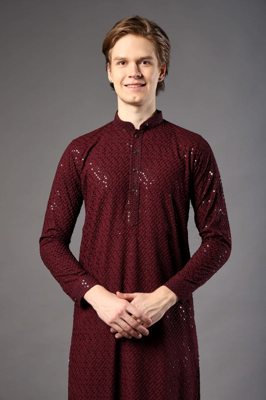 Wine Chikankari Sequin Kurta for Men by Crease India – ideal mens kurta for Diwali, night weddings and receptions. Shop sequin embellished mens wine kurta online.