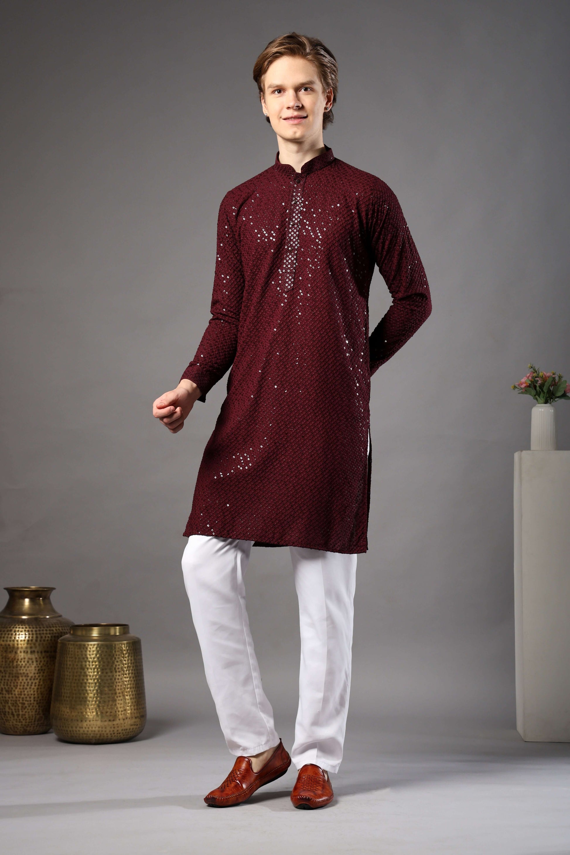 Wine Chikankari Sequin Kurta for Men by Crease India – ideal mens kurta for Diwali, night weddings and receptions. Shop sequin embellished mens wine kurta online.