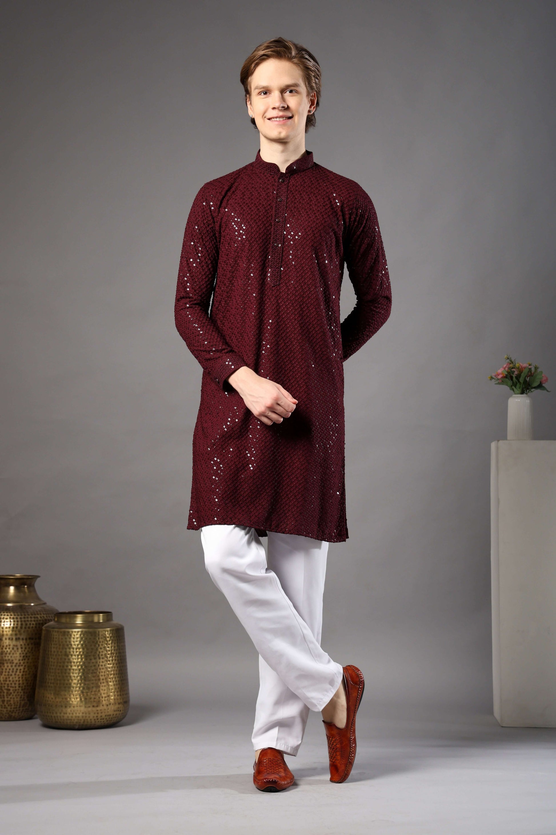 Wine Chikankari Sequin Kurta for Men by Crease India – ideal mens kurta for Diwali, night weddings and receptions. Shop sequin embellished mens wine kurta online.