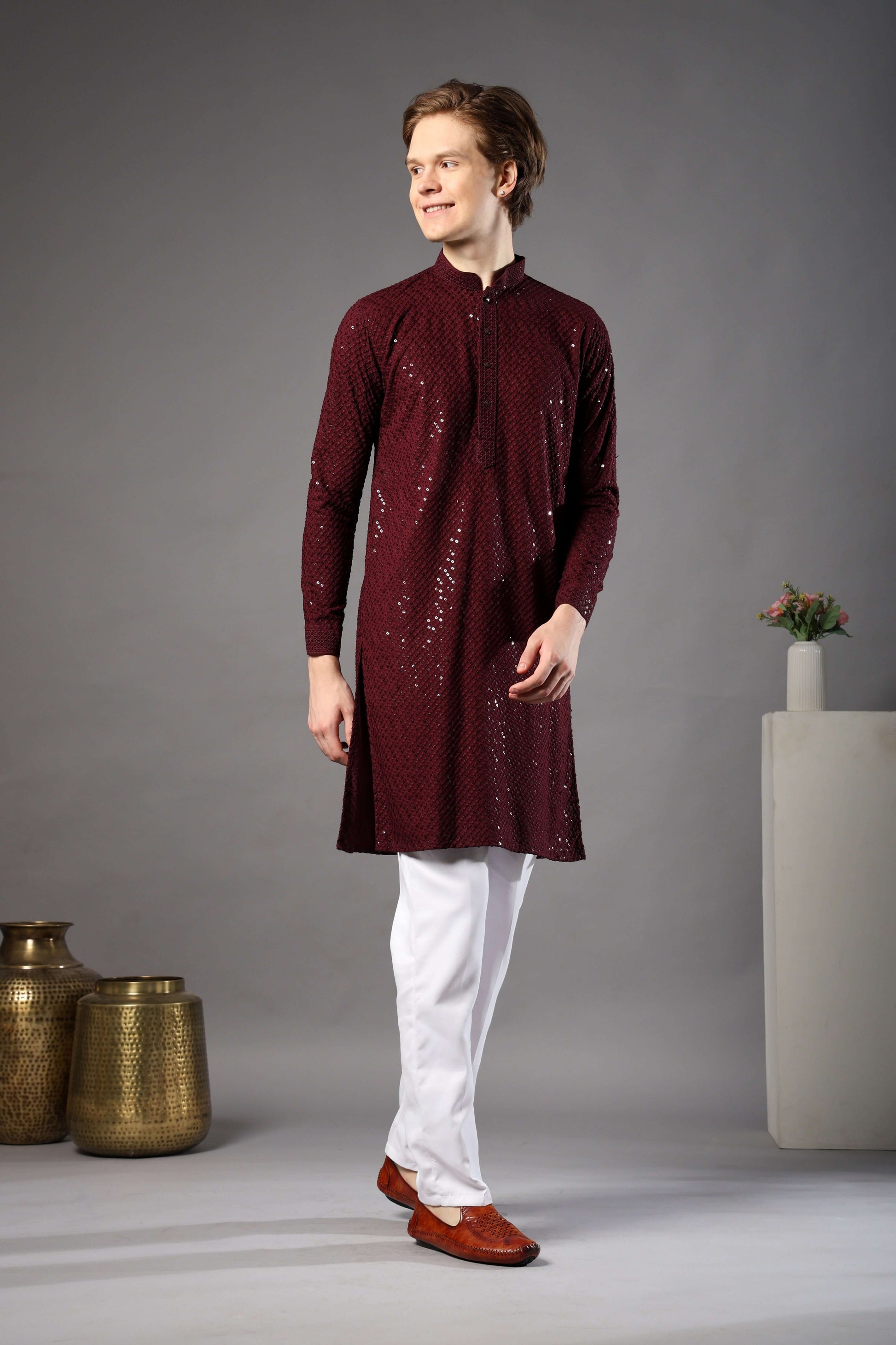 Wine Chikankari Sequin Kurta for Men by Crease India – ideal mens kurta for Diwali, night weddings and receptions. Shop sequin embellished mens wine kurta online.