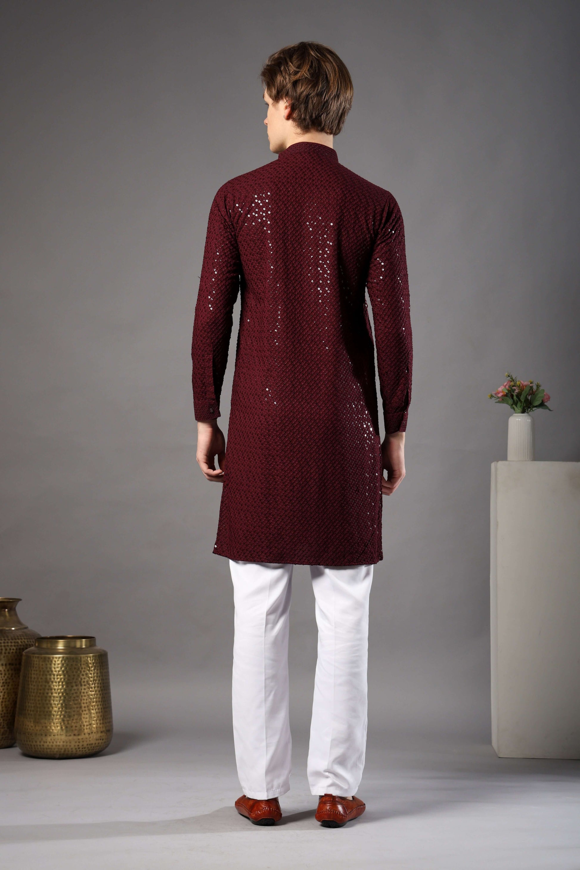 Wine Chikankari Sequin Kurta for Men by Crease India – ideal mens kurta for Diwali, night weddings and receptions. Shop sequin embellished mens wine kurta online.